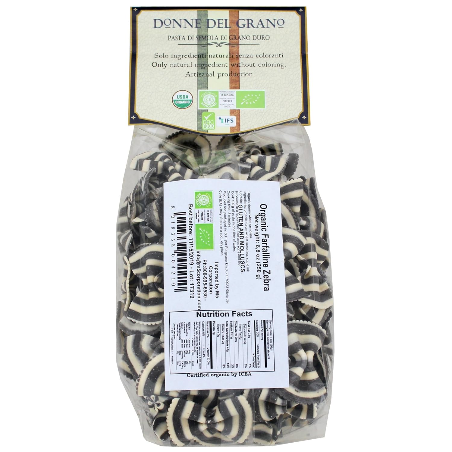 Donne Del Grano Organic Gourmet Italian Squid Ink Black n White Bow Tie Pasta Noodles, 8.8 Oz (250 grams), Pack of 2 bags