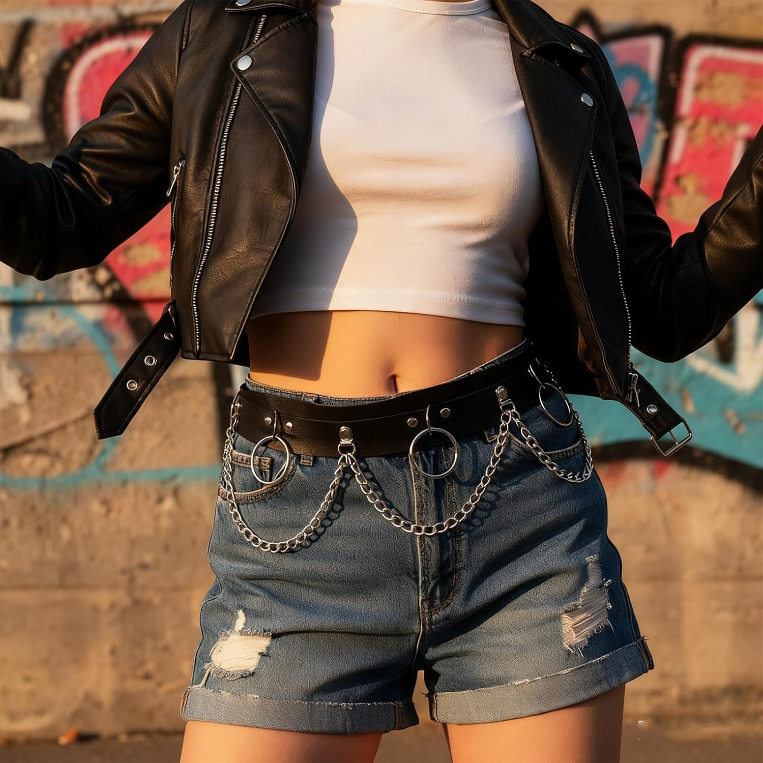 Punk Waist Chain Belt, Punk Belt with Chain for Women, Rave Leather Chains Belts, Gothic Body Accessories for Women (Black Leather + Silver Chains) - Image 5