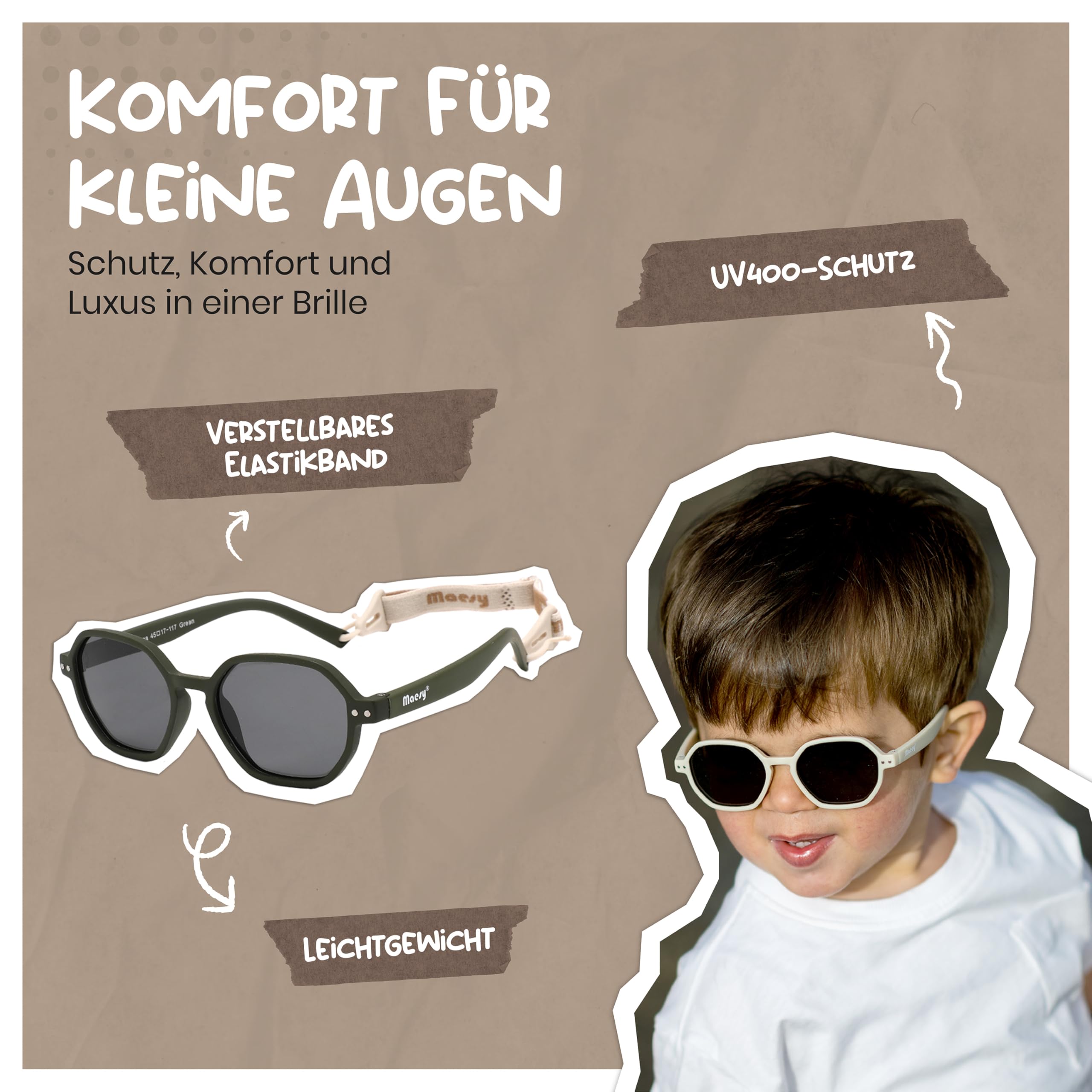 Kinder Sonnenbrille für Kleinkind und Baby - 1-3 Jahre - UV400 Polarisierter Schutz - Flexibler und Biegsamer Rahmen - Verstellbares Gummiband - Sichere und Bequeme Kindersonnenbrille - Yana