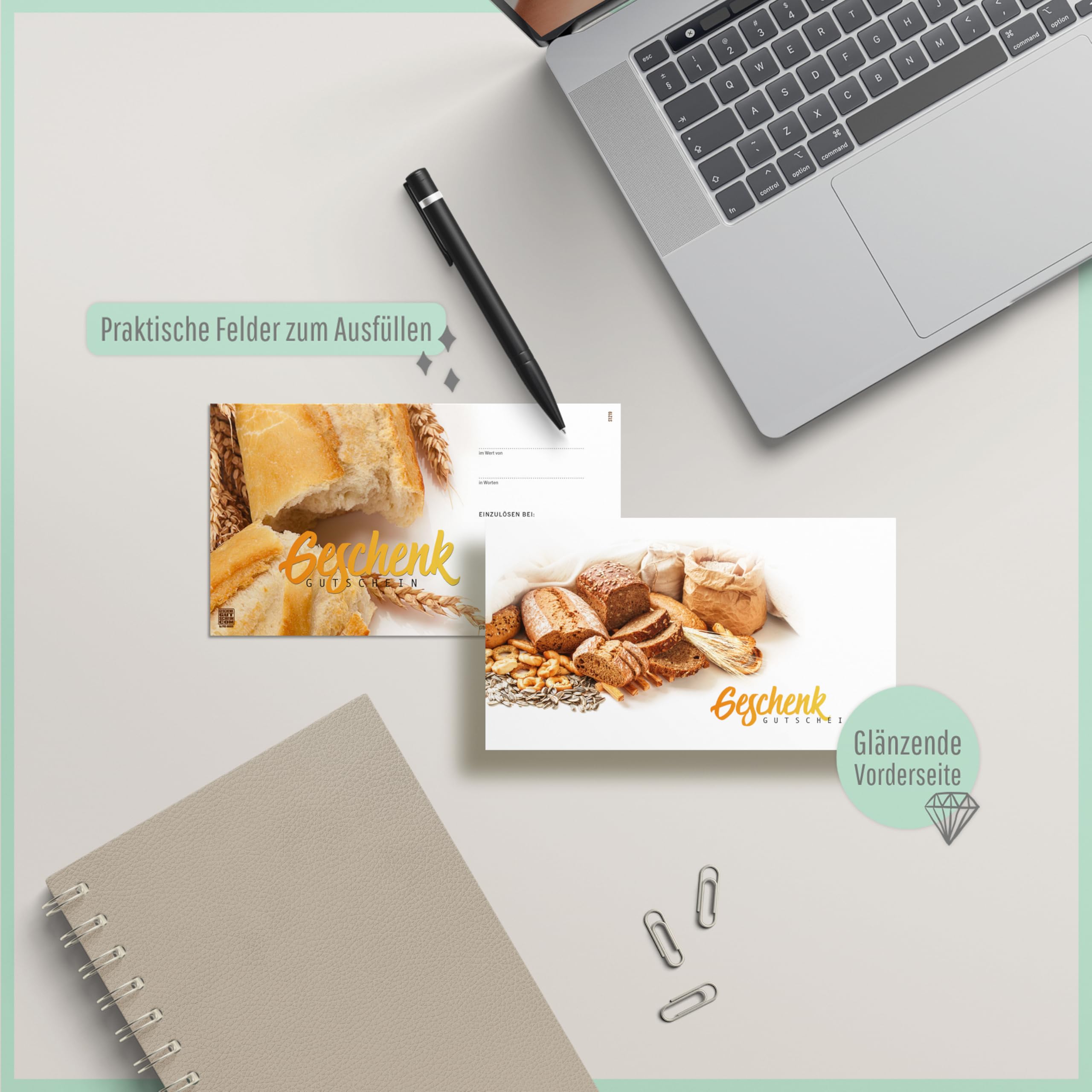 Gutschein-Set. 100x Gutschein + Kuvert. Für Konditorei Bäckerei. Blanko zum Selberausfüllen.