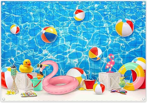 Fabric 7x5ft Summer Swimming Pool Photography Backdrop Water Beach Ball Balloons Tropical Background Kids Adults Party Decorations Holiday Photo Banner Booth