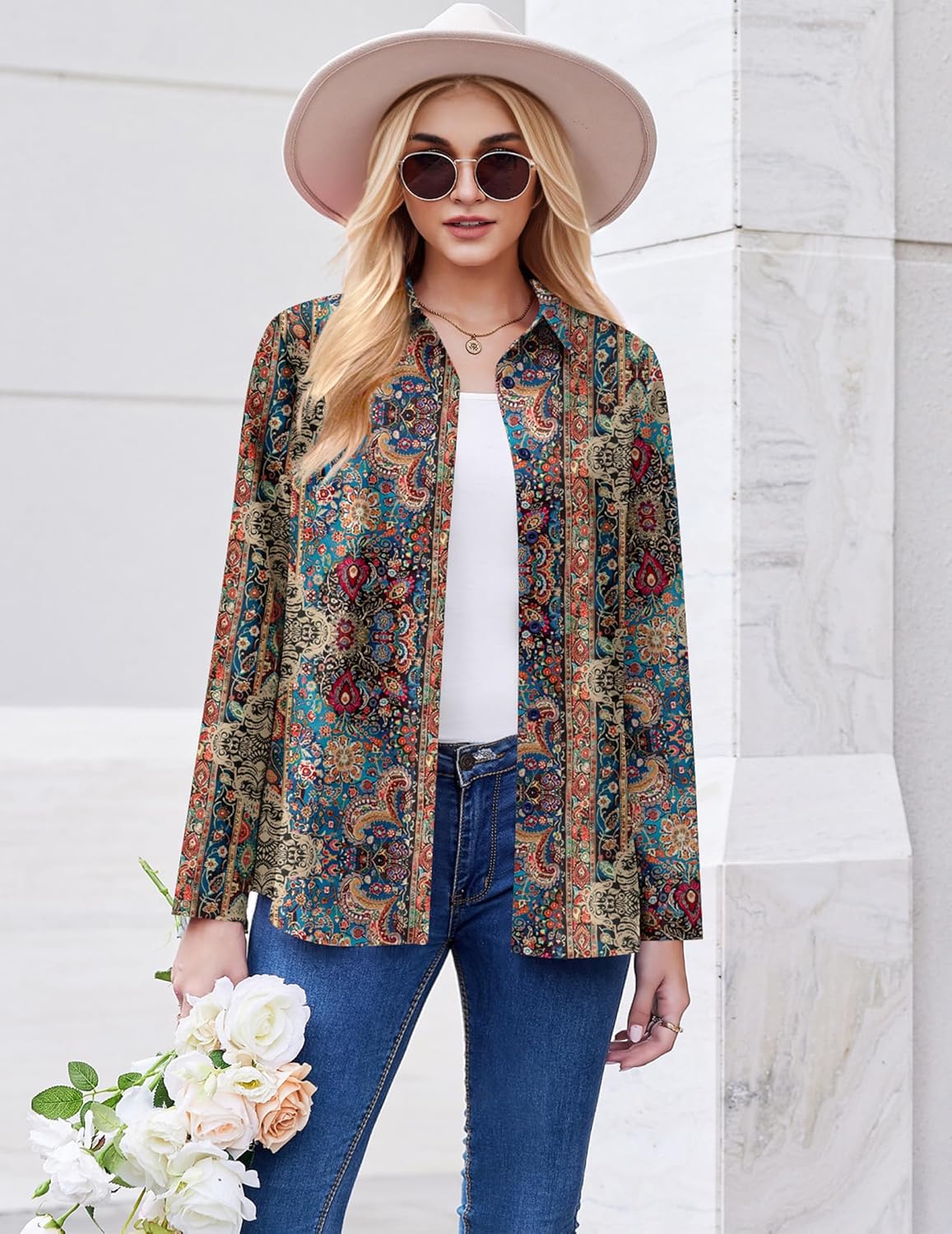 ZEAGOO Button Down Shirt for Women Long Sleeve Blouses Floral Printed Tops Business Casual Work Outfits S-XXL - Image 3