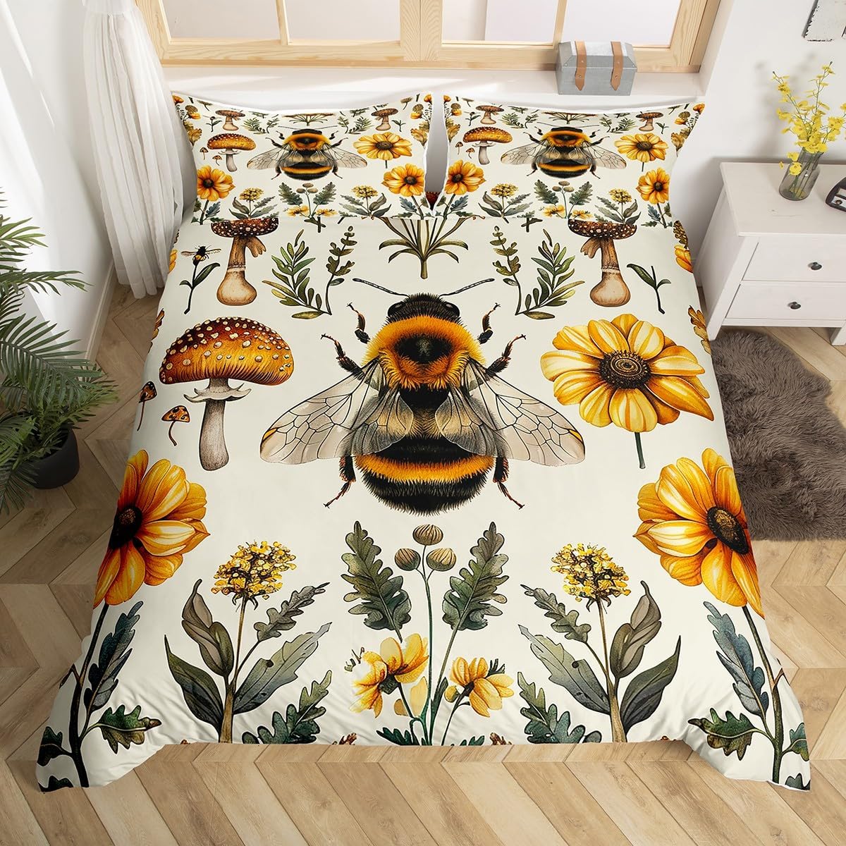 Honeybee Flowers Bedding Set Wild Bee Animal Mushroom Duvet Cover King Size Kids Retro Farmhouse Rustic Comforter Cover Yellow Black Green Girls Boys Room Decor with 2 Pillowcases(No Comforter)