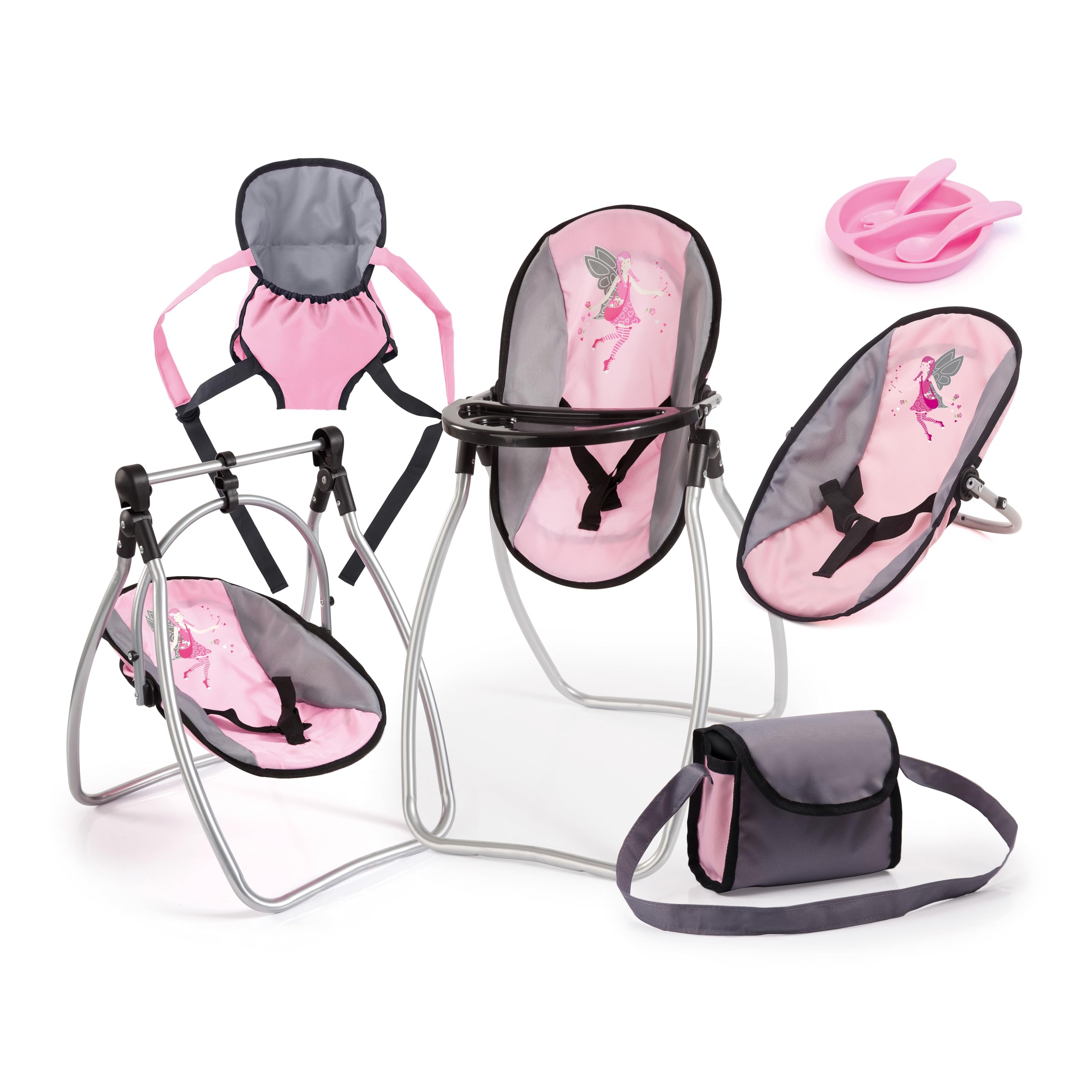 Bayer Design 63608AB Conjunto de accesorios para muñecas, Set, portabebe para muñecas, bolsa bandolera, Trona muñecas