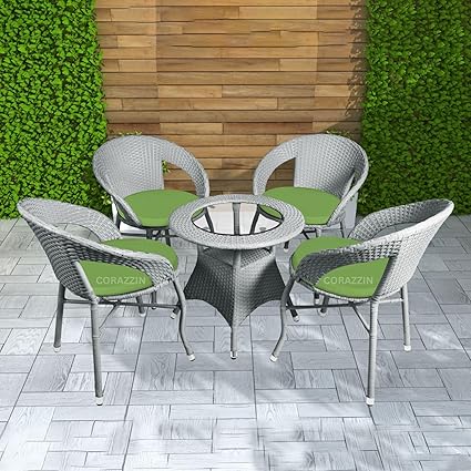 CORAZZIN Rattan Wicker Garden Patio Seating Chair and Table Set for Outdoor Balcony Garden Coffee Table Set Furniture with 1 Table and 4 Chairs with Green Cushion (Grey)