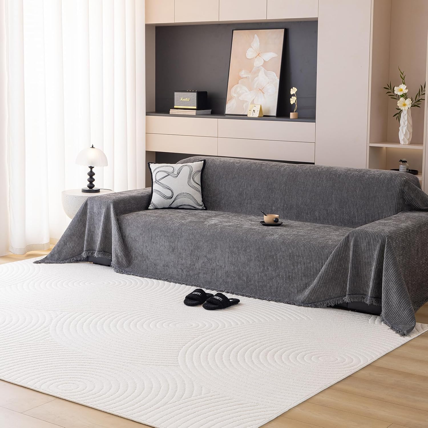 DREAMINGO Armchair Cover Washable Chenille Sofa Protector for Pet Kids Beige Coffee Chair Couch Covers for 1 Cushion Couch Stripe Jacquard Versatile Sofa Throw Slipcover for Futon Couch, 71"x91"