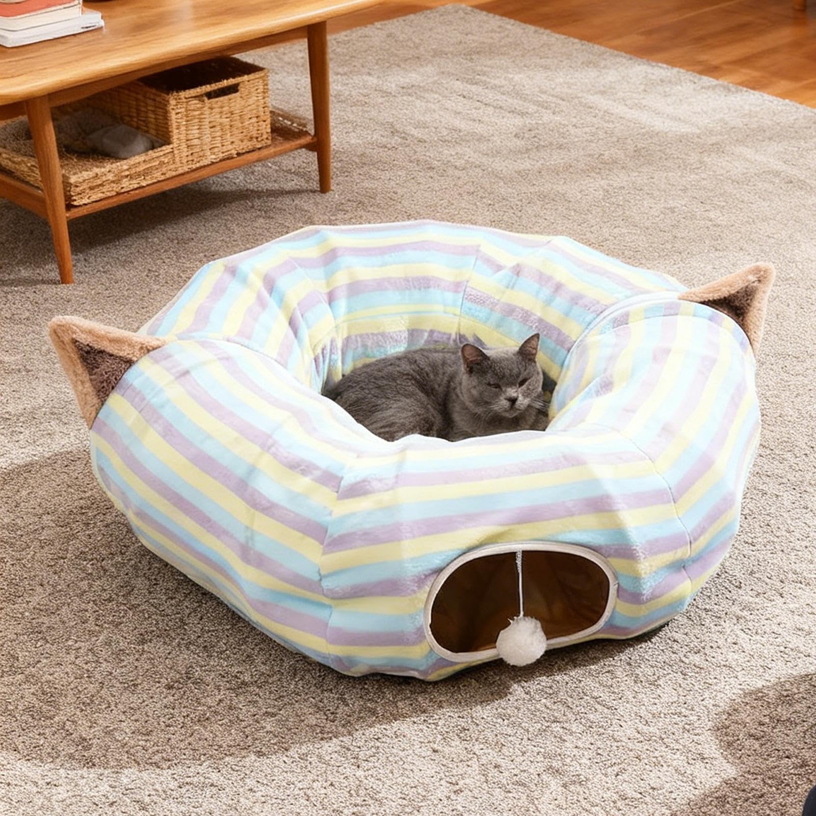 Tunnel pour Chat Grand Jouet en Forme De Maison Pliable avec Puzzle | Tube De Pour Chat À Rayures Colorées Pour Chaton, Animal De Compagnie, Anniversaire, Fête De Noël, Petits Animaux, Chasse