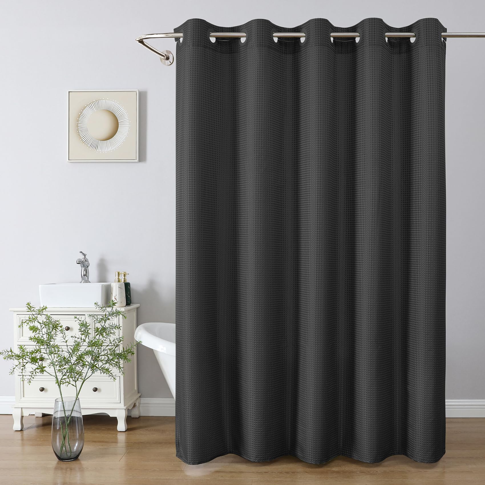 eachope No Hook/Liner Waffle Shower Curtain, Waterproof, 71x74 Inch Black