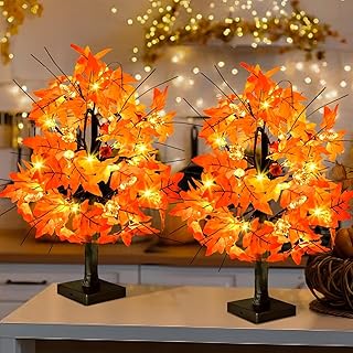 2 Pack 24 Inch Prelit Fall Maple Tree with 48 LEDs Timer Battery Operated Lighted 3 Pumpkins 3 Acorns 6 Pine Cones Tabletop Artificial Autumn Fall Tree for Thanksgiving Fall Harvest Home Indoor