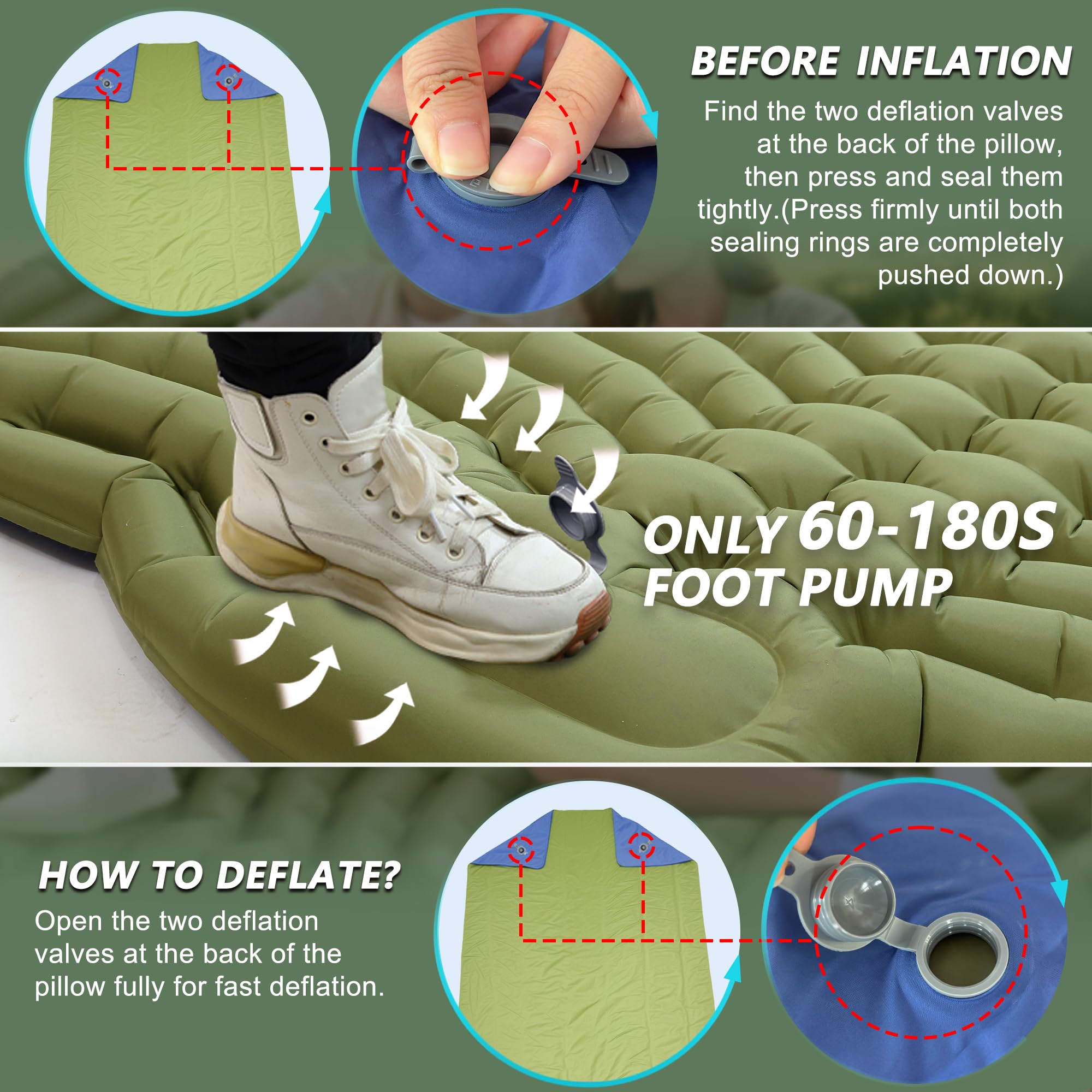 Pretyw Double Sleeping Pad for Camping - Ultralight Camping Mattress with Pillow, Built-in Foot Pump, Compact Inflatable 2-Person Portable Mat for Backpacking, Hiking, Car Traveling, Beach, Tent