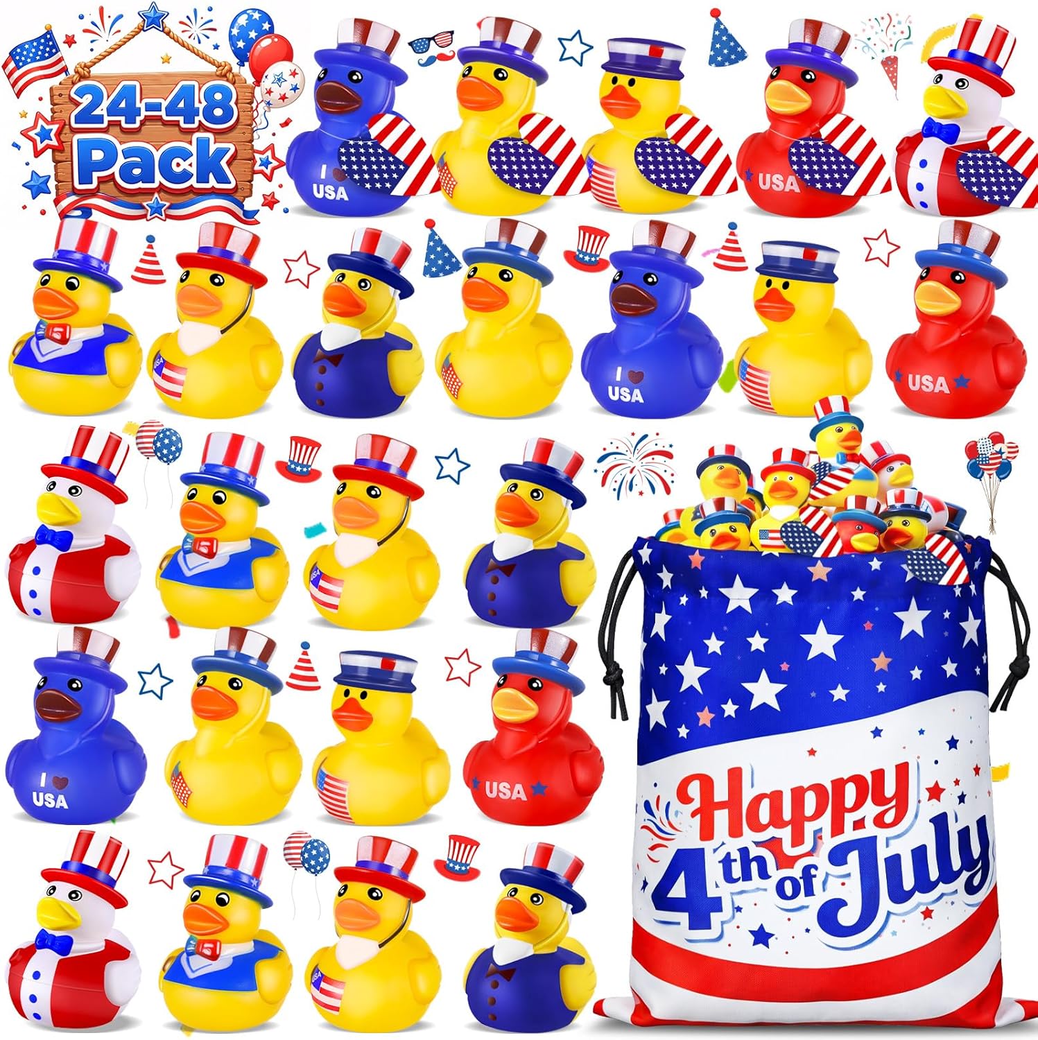 48 Pcs Patriotic Rubber Ducks 4th of July Party Favors, Bulk 4th of July Ducks Toys with Heart Flag Tags & Storage Bag for Jeep Ducking Cruise Hiding, Independence Day Memorial Day Toys Gifts for Kids