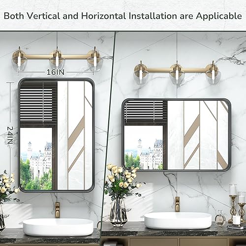 Miniatura 8 de TokeShimi Espejo de pared de baño negro mate de 16 x 24 pulgadas, marco de metal, esquina redonda, rectangular, para decoración del hogar, sala de