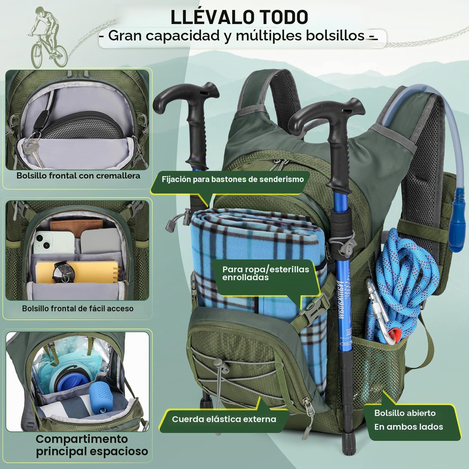 RAINSMORE Mochila de Hidratación con Bolsa de Agua 2L Mochila Bicicleta Montaña Mujer Hombre con Funda Impermeable para Senderismo Correr Ciclismo Trail Running Escalada Deportes al Aire Libre