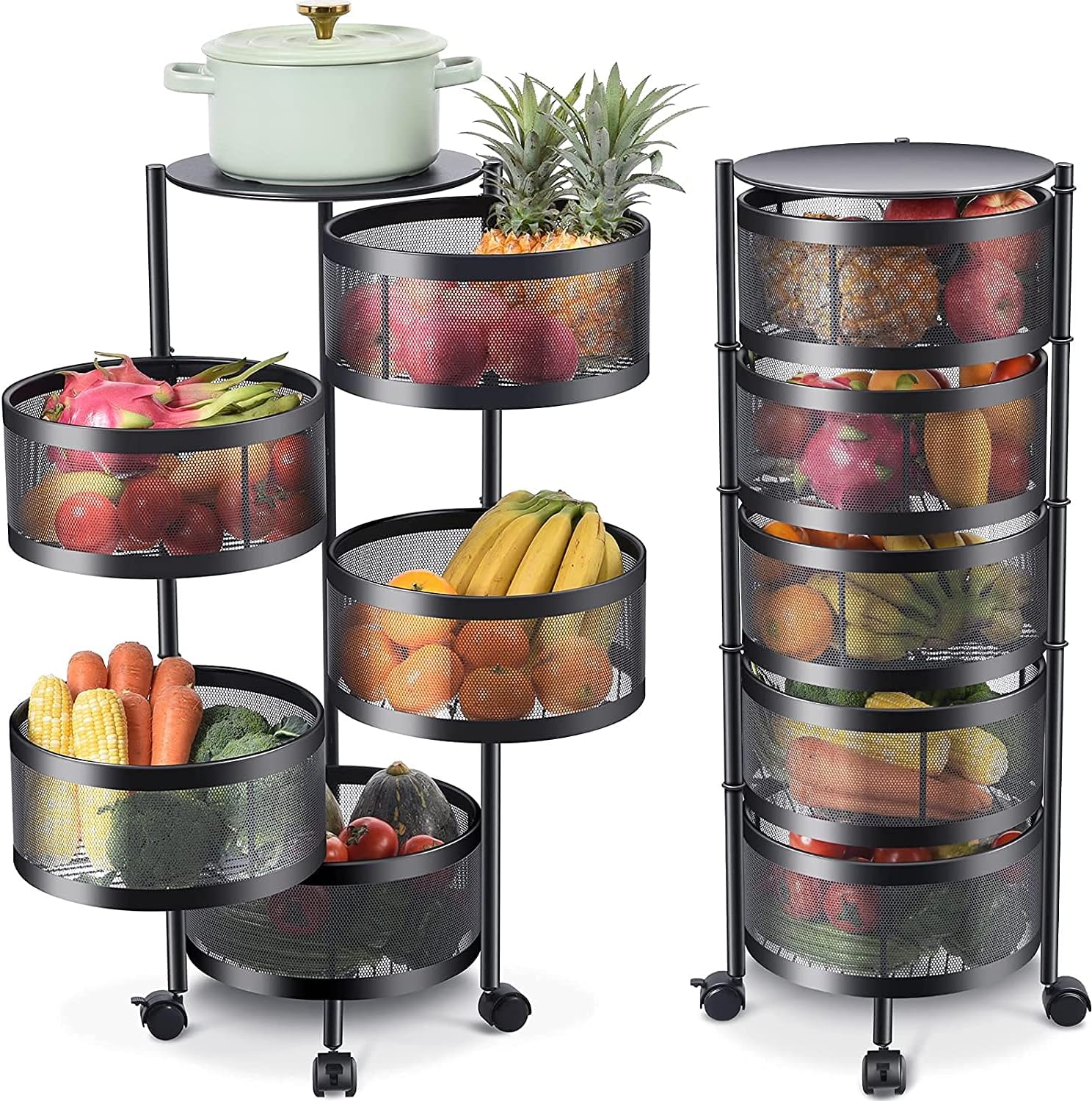 LIYING Multi-Layer Kitchen Storage Shelf, Round Steel Rotating with 4 Movable Wheels, Kitchen Storage for Fruit and Vegetable Floor-Standing(5F Black)