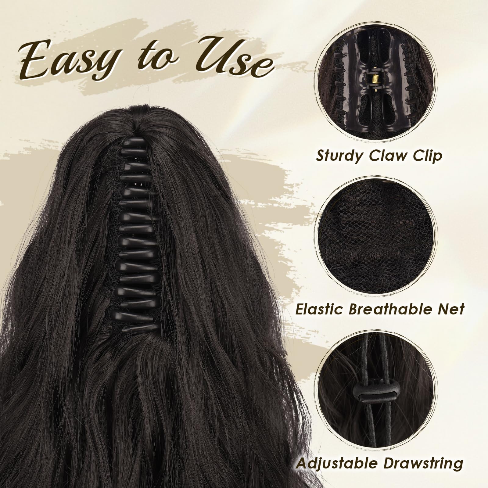 FESHFEN Claw Clip Ponytail Extensions, Long Pony Tail Hair Piece Wavy Curly Synthetic Hairpieces for Women Natural Black 26 inch - Image 3