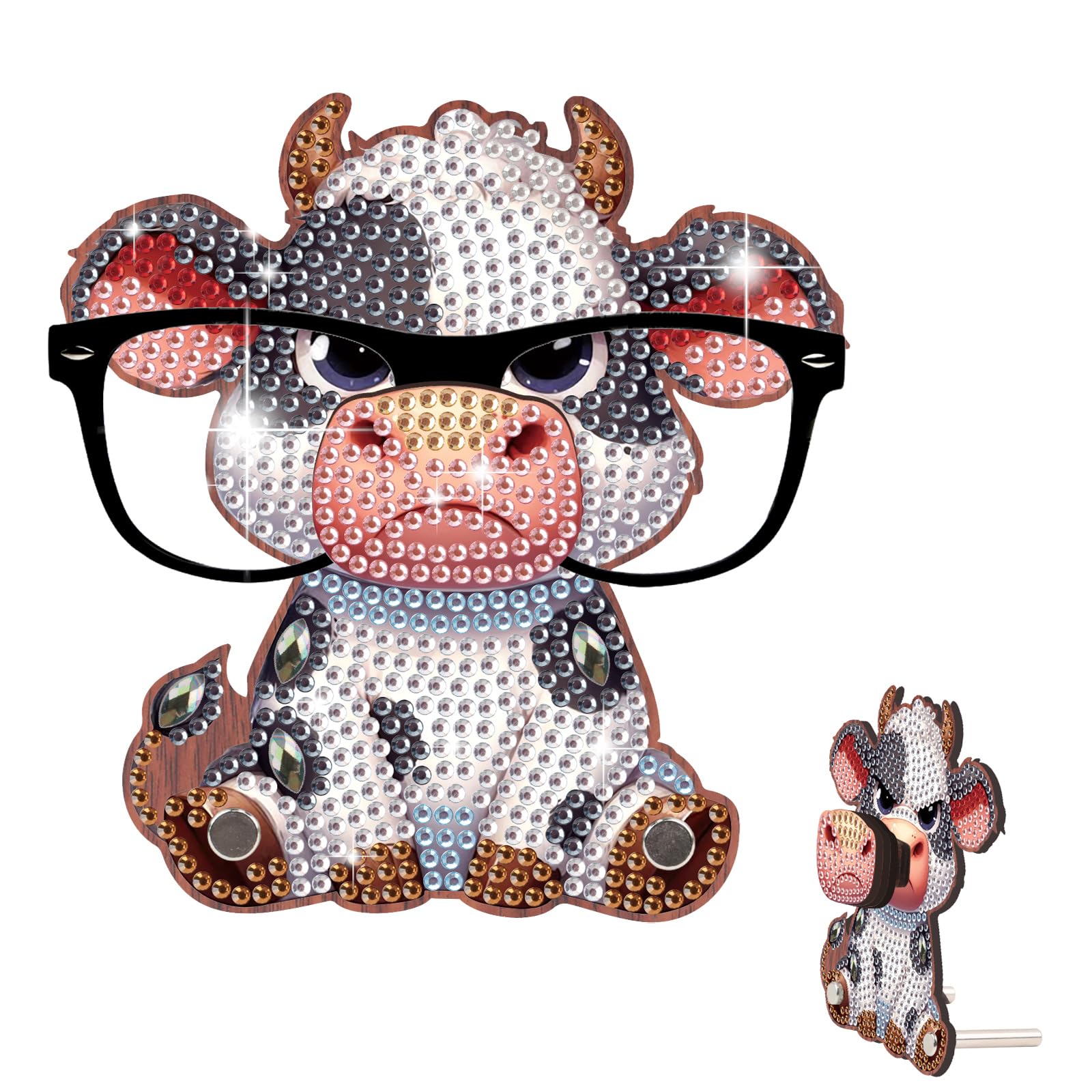 DIY Special Shaped Diamond Art Glasses Holder, Wooden 5D Rhinestone Eyeglass Stand for Adults, Diamond Art Tabletop Ornament, Handmade Desk Organizer & Decor Craft Gift(Dairy Cow)