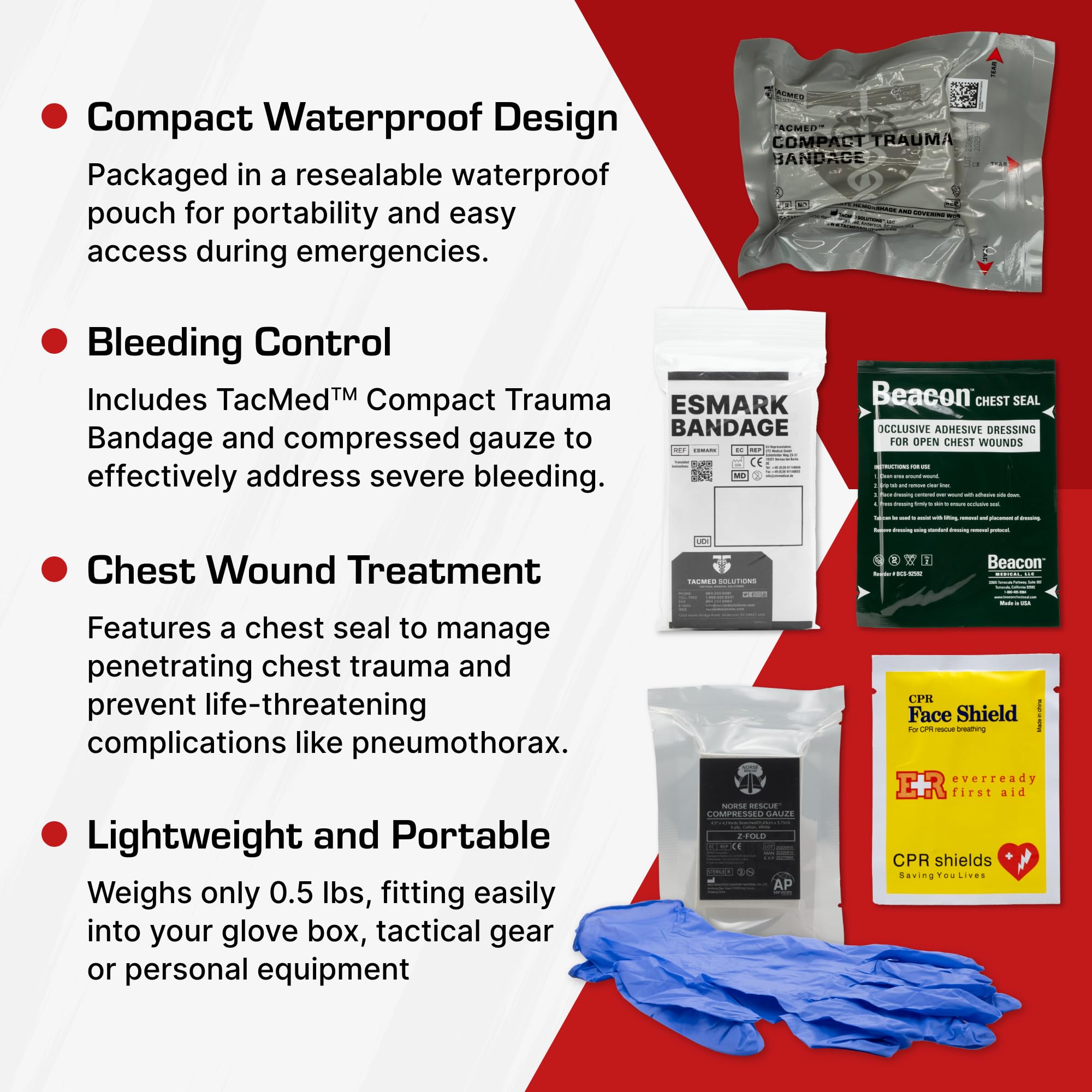 TacMed Solutions - Kit de trauma de campo Nivel 1, (FTK) Kit compacto impermeable con sangrado y control de heridas en el pecho, incluye vendaje compacto para trauma y vendaje Esmark