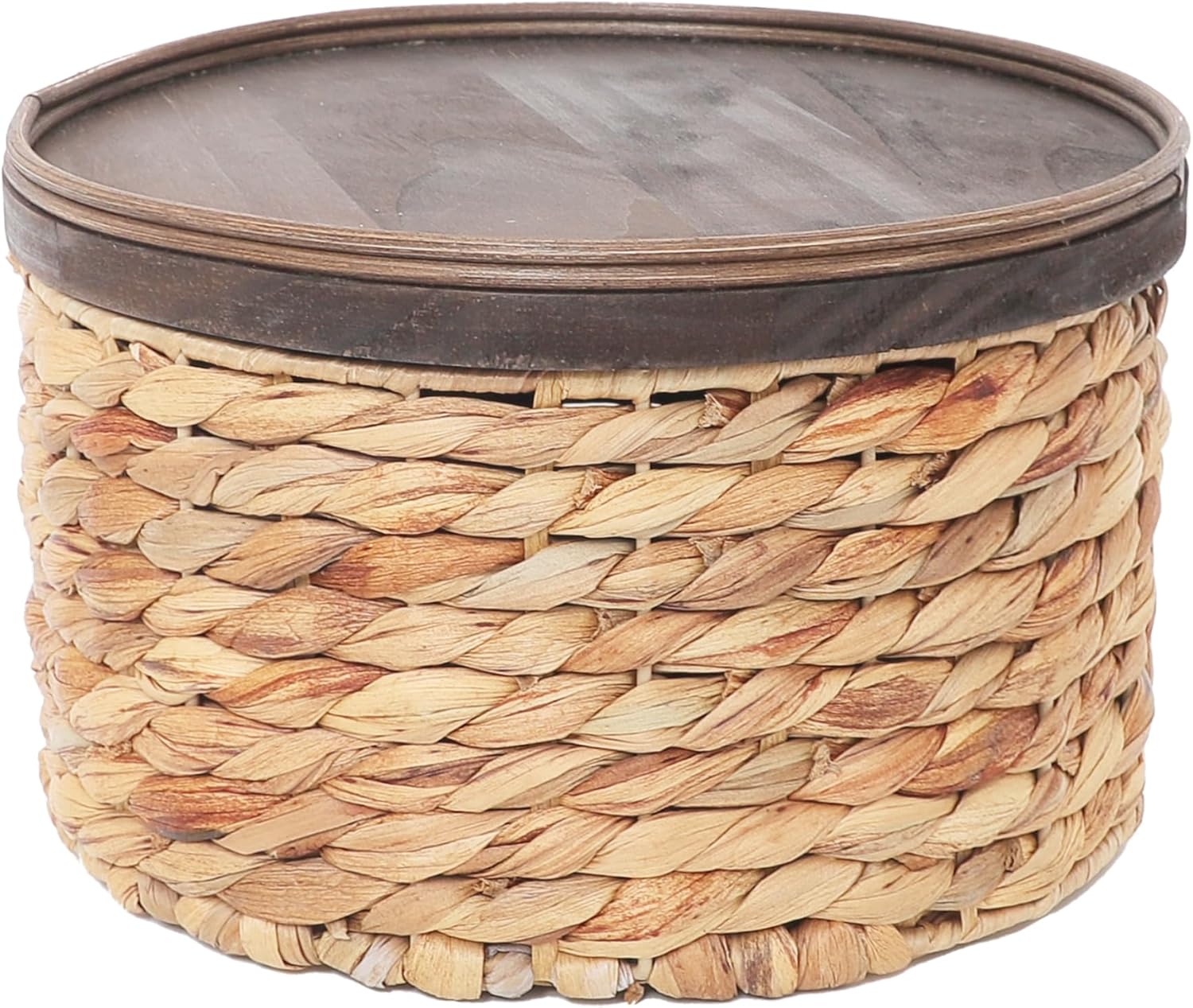 Small Water Hyacinth Storage Basket with Wooden Lid, 7.45" D x 4.1" H Handwoven Round Organizer for Bathroom Vanity, Desk Drawer & Countertop (Small)