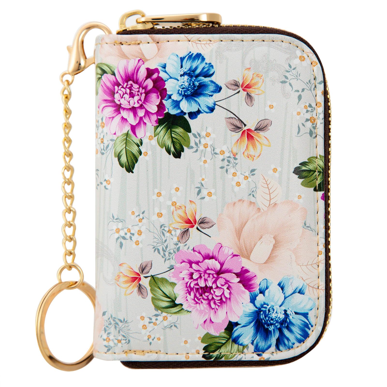 ANNAMISSI Womens Leather Wallet Credit Card Holder Zipper Card Case for Ladies Girls (Hibiscus Flower)