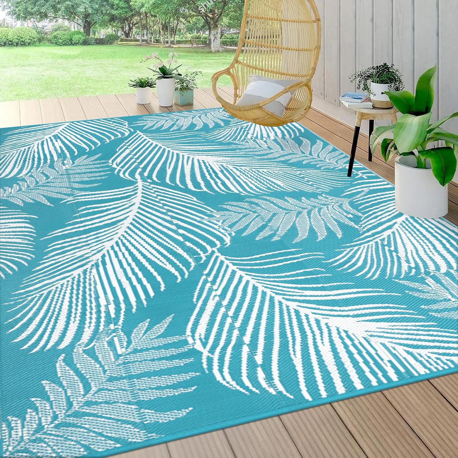pauwer waterproof outdoor rug 9x12, reversible plastic straw patio camping rug, indoor outdoor rv mat carpet for deck, camper, porch, balcony, backyard, picnic, leaf teal leaf teal 9' x 12' (rectangular)