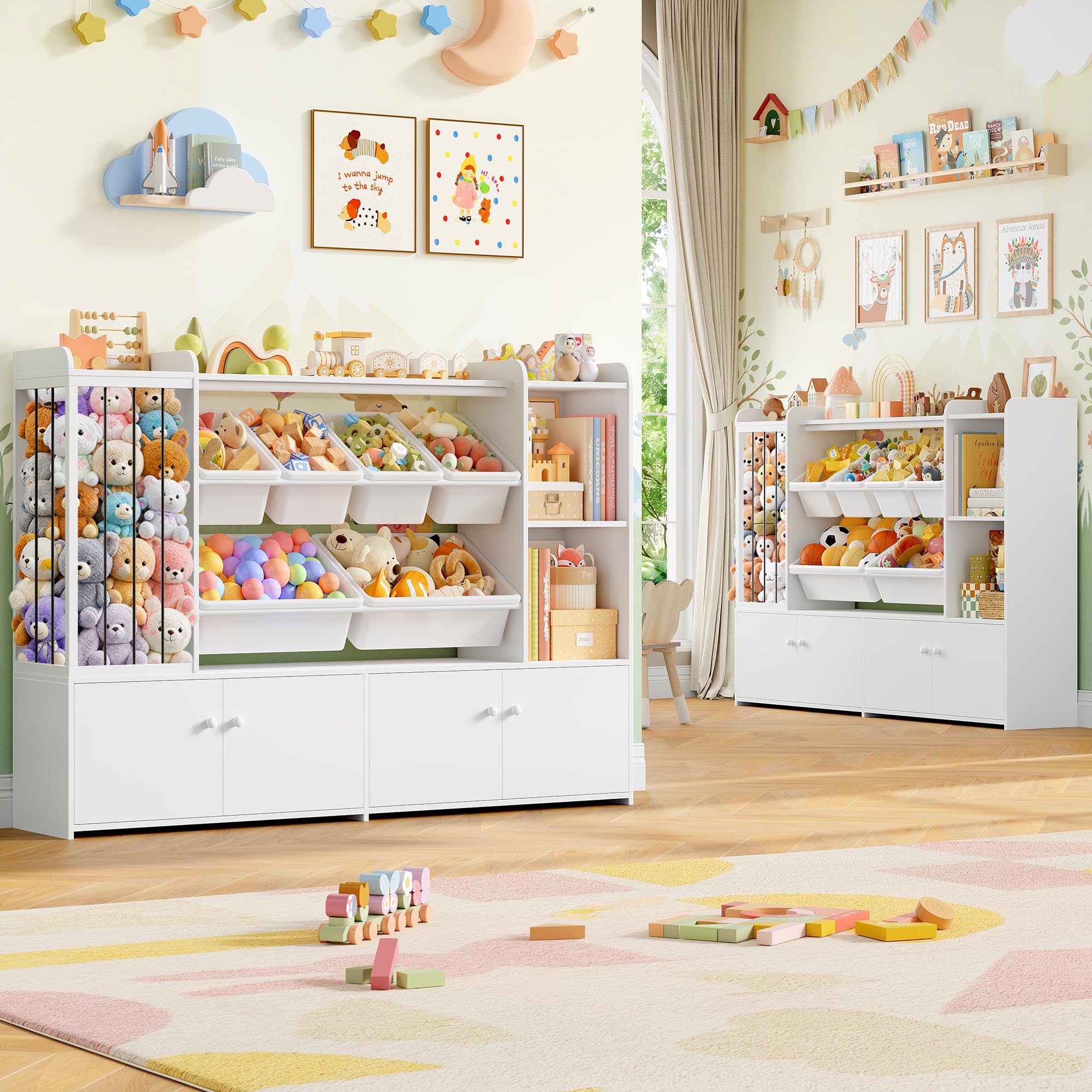 FOREHILL 137cm Breit Kinderregal, Kuscheltier Aufbewahrung, Bücherregal Kinder mit 6 Spielzeugkisten, Spielzeugregal, Kinderzimmer Möbel,Wohnzimmer,Schlafzimmer 137,3x28x94cm Weiß