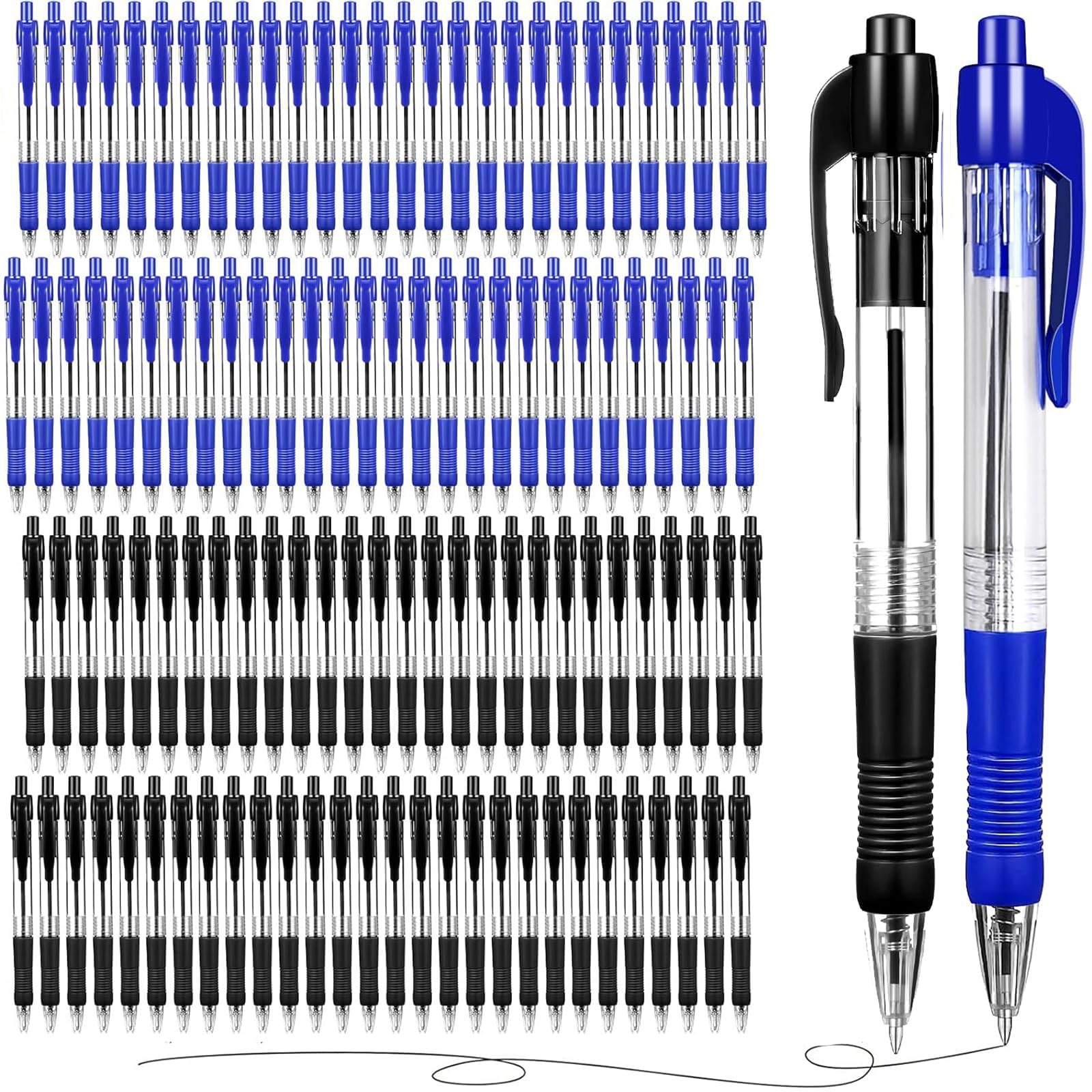 Lot de 200 stylos à bille, rétractables, pointe moyenne de 1,0 mm, avec poignée souple, pour le bureau, l'école, le bureau à domicile, bleu et noir