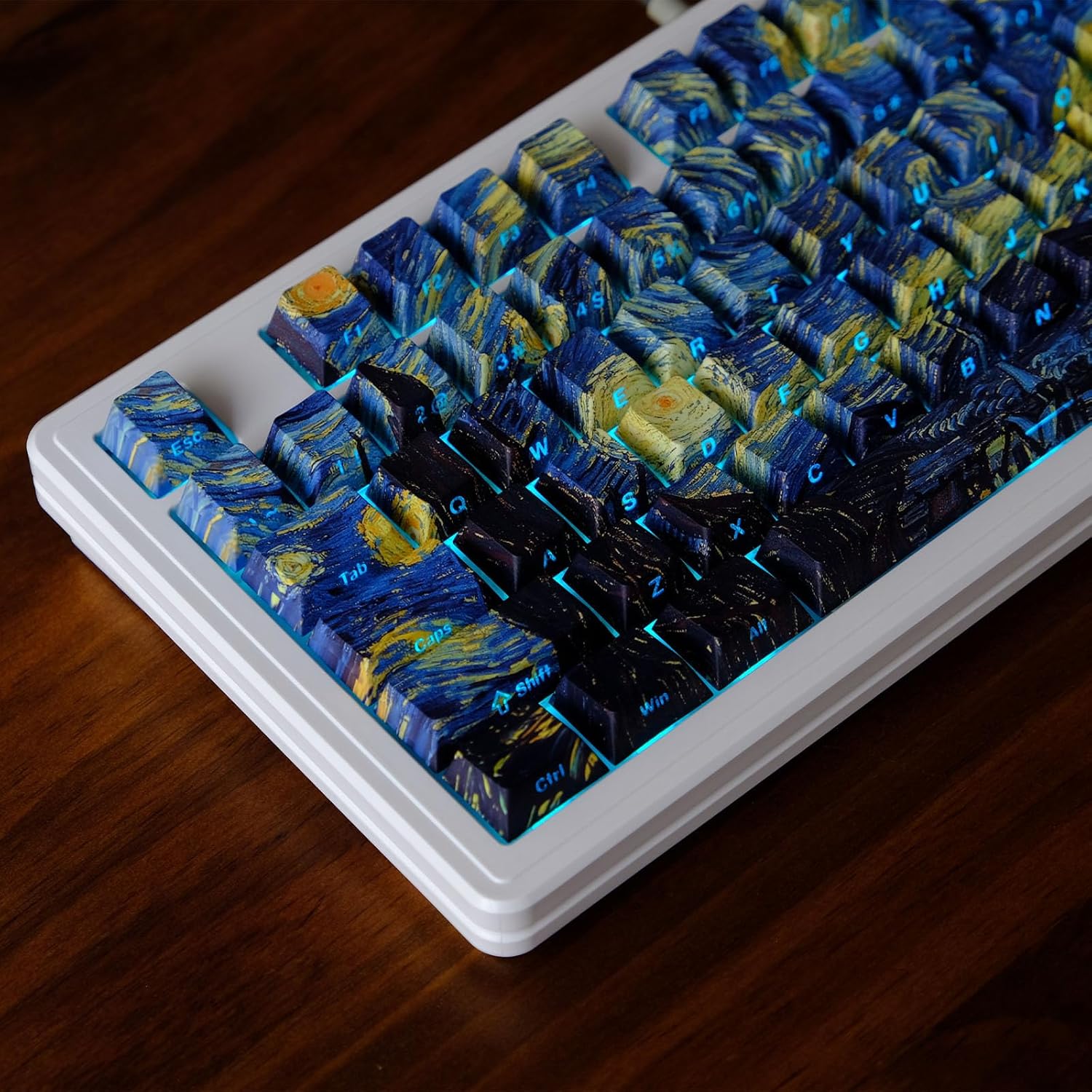 Dark Blue and Yellow Side Print Shine Through Keycap Set, Cherry Profile PBT Backlit Keycap for Mechanical Gaming Keyboard, Oil Painting Style, 135 Keys