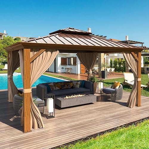 Miniatura 4 de MELLCOM Gazebo de techo rígido de 12 x 12 pies, marco de aluminio de grano de madera para exteriores con techo de acero galvanizado doble, pabellón