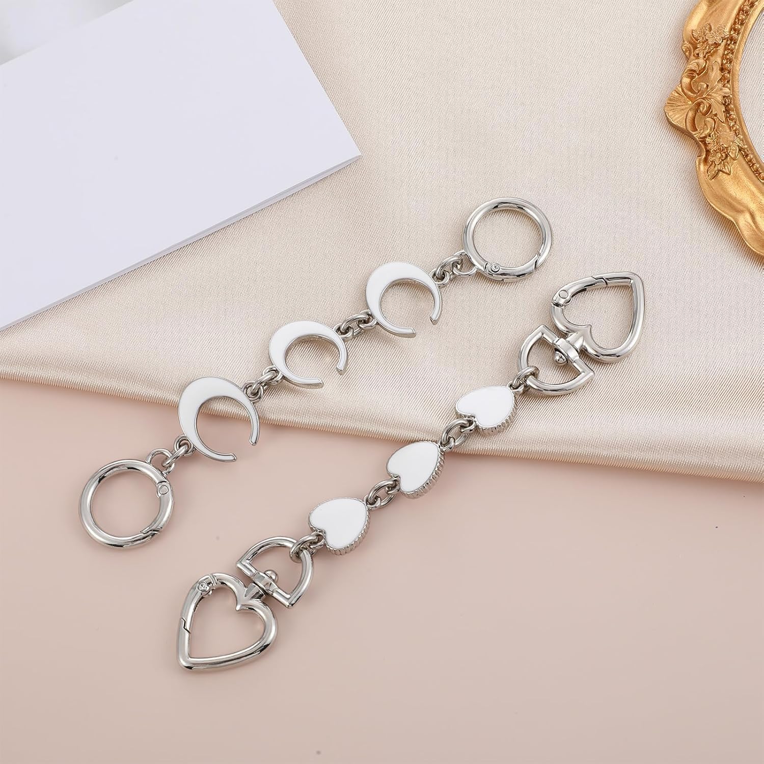 2 Pcs Silver Bag Extender Chain Purse Strap Extender | Coach Bag Accessories, Heart Moon Charms, White Bag Charms, Replacement Strap