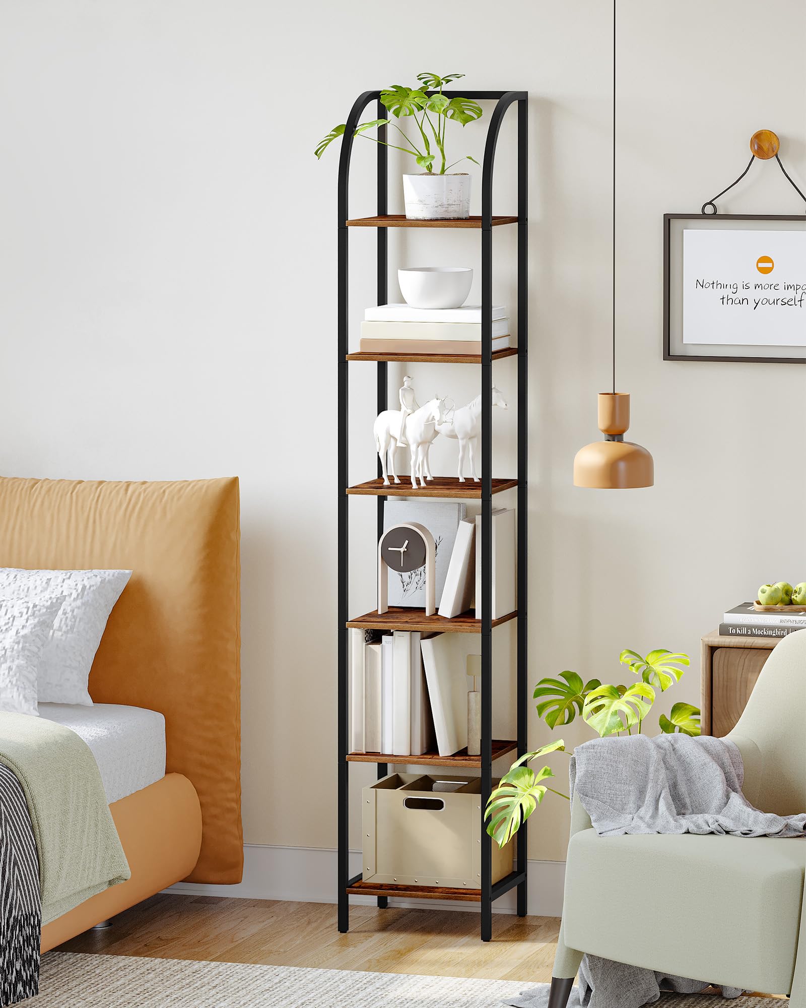 Hzuaneri Libreria Alta a 6 Ripiani, Scaffale Aperto, Struttura In Metallo, Stile Industriale, 30 x 30 x 178,6 cm, Adatta Per Studio, Soggiorno, Camera Da Letto, Cucina, Marrone Rustico BC56001B