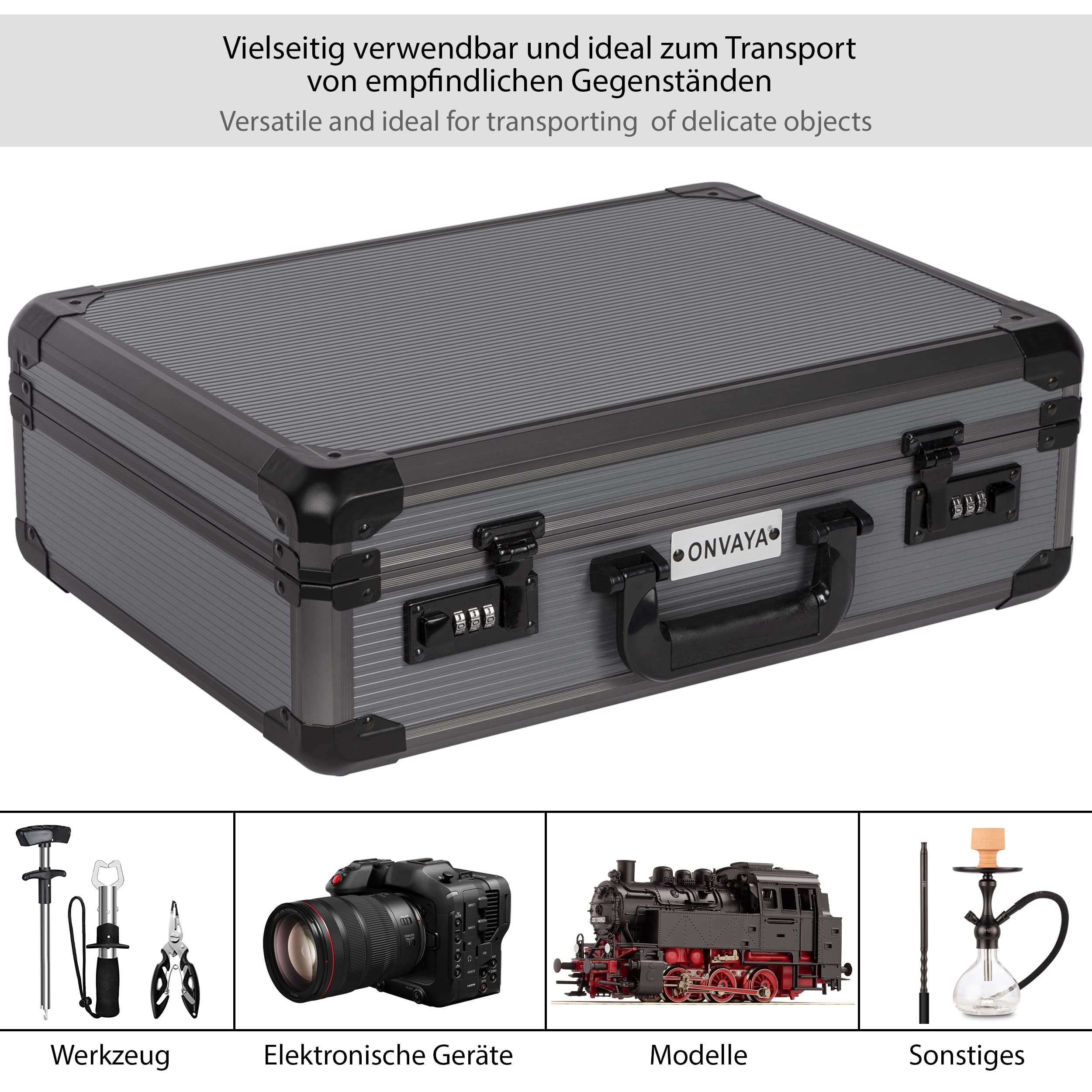 ONVAYA® Aluminiowa walizka z zamkiem szyfrowym, aluminiowa walizka na dokumenty, walizka transportowa z pianką, zamykana walizka na zdjęcie, walizka na broń, czarny,