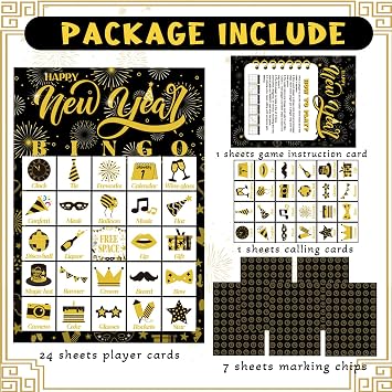 YQUQWN New Year Bingo Game Cards for Adults 24 Players New Year Eve Party Bingo Games Winter Holiday Cards for Activities Party Game