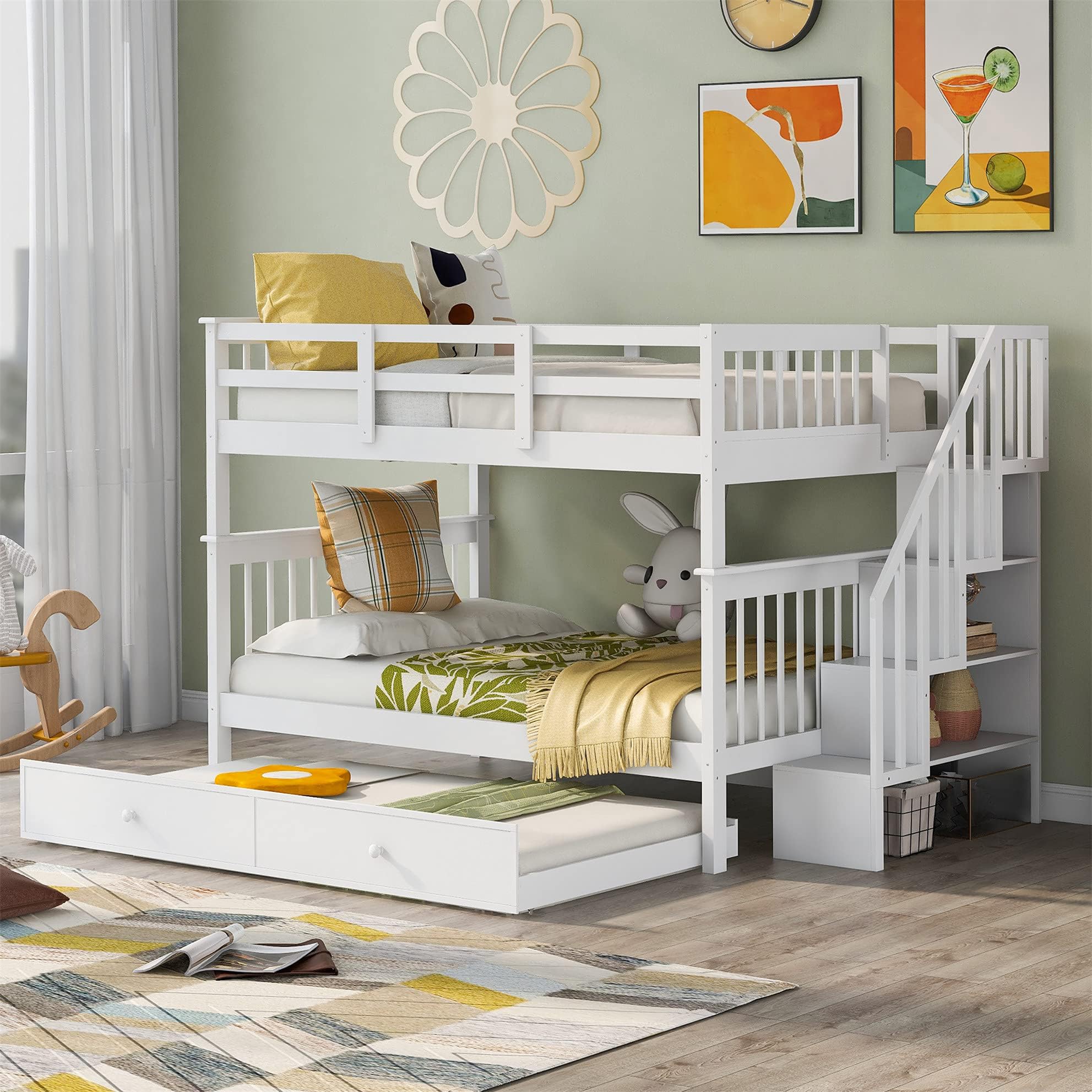 Full Over Full Bunk Bed with Trundle, Solid Wood Bunk Bed with Stairs and Storage, for Kids Teens Adults – White