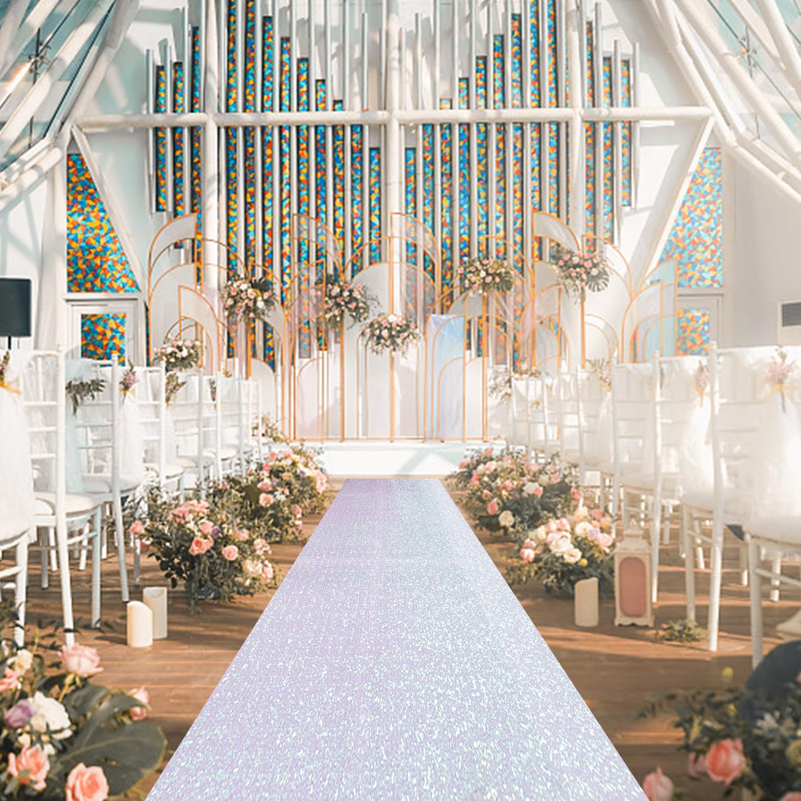 PartyDelight Carpet Runner Iridescent White Wedding Aisle Sequin Carpet Sparkly Rug for Party Prom Ceremony Indoor Outdoor Engagement Decoration