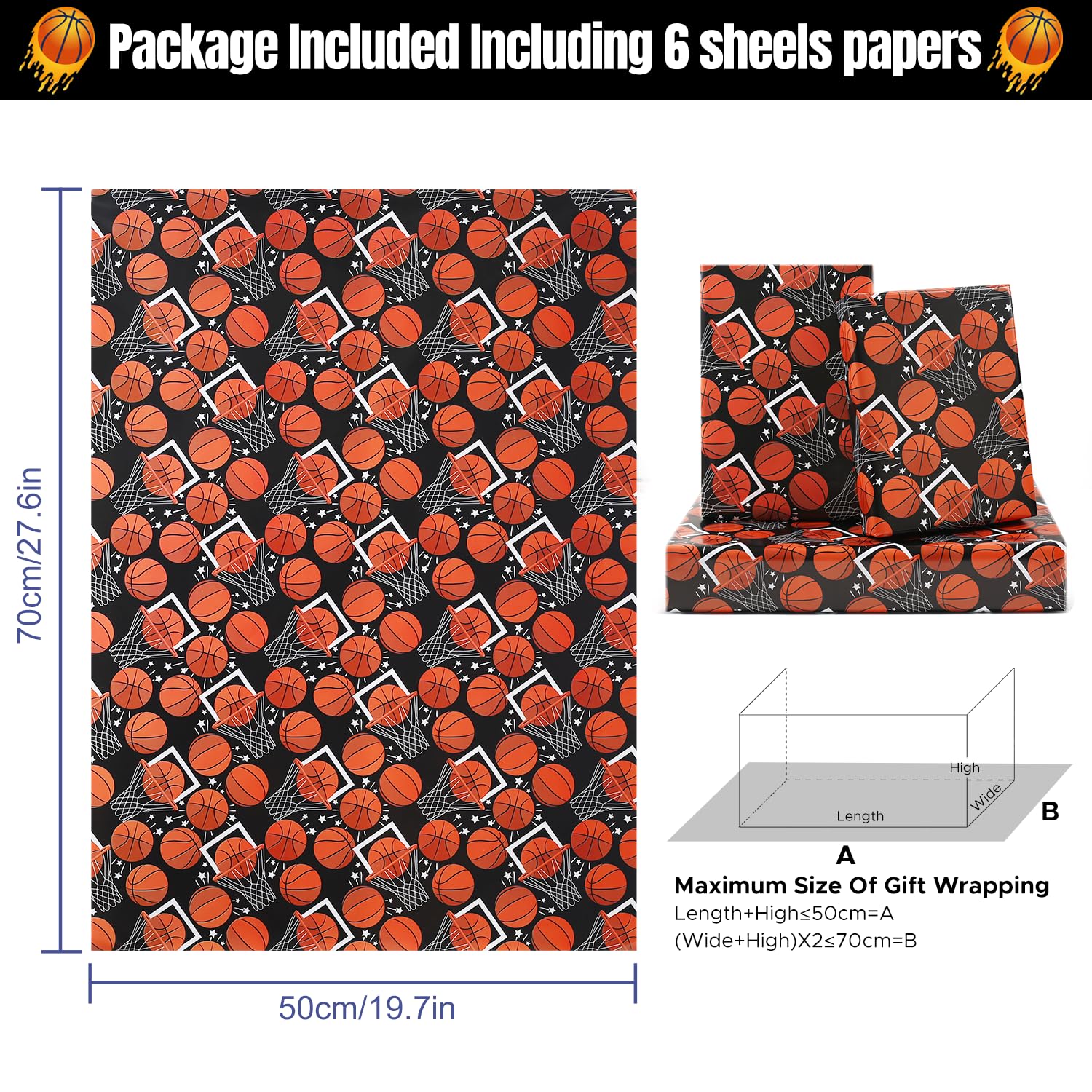 4 Feuilles Papier Cadeau Basket 50x70cm - Design Sportif Noir, Pour Anniversaire Et Fêtes