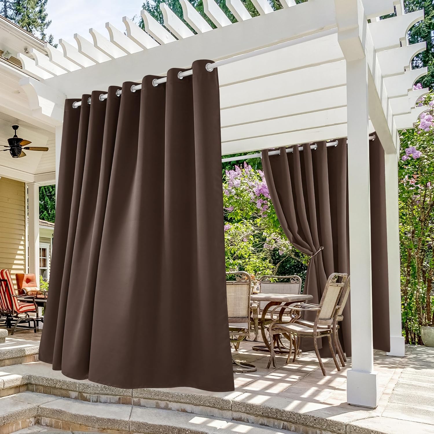 Deconovo Outdoor Blackout Curtains for Patio 108 Inches Long - Solid Waterproof Brown Grommet Blackout Curtains for Gazebo and Balcony, Brown, 105x108 Inch, 2 Panels