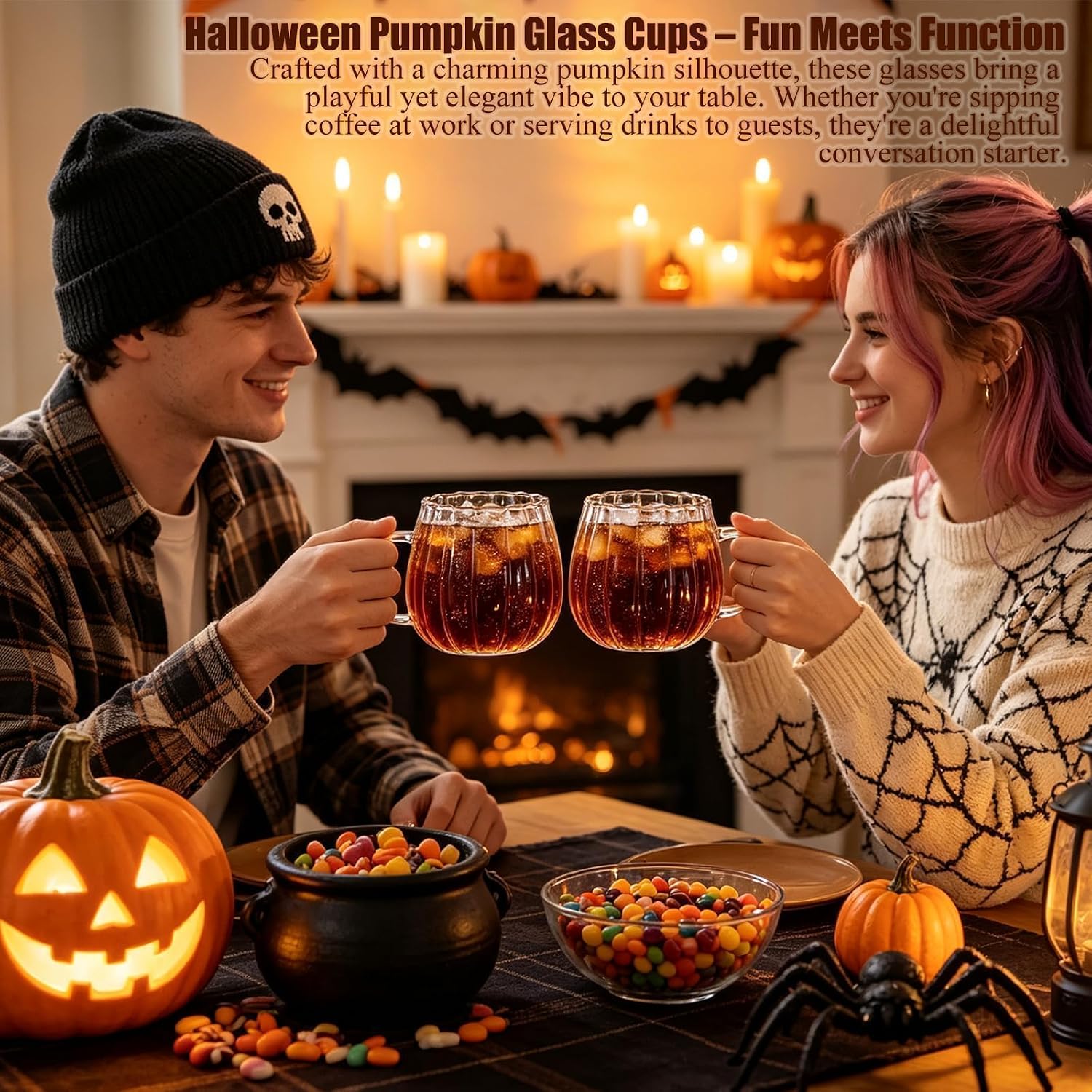 4PCS Halloween Pumpkin Glass Cups Fall Coffee Mugs with Handle for Gift