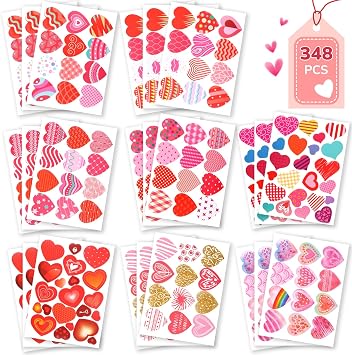 348 Pcs Valentines Stickers for Kids, Bulk Love Heart Stickers Valentines Crafts for Kids Classroom Favors Supplies, Valentines Day Party Decorative Stickers for Gift Box Envelope Wedding