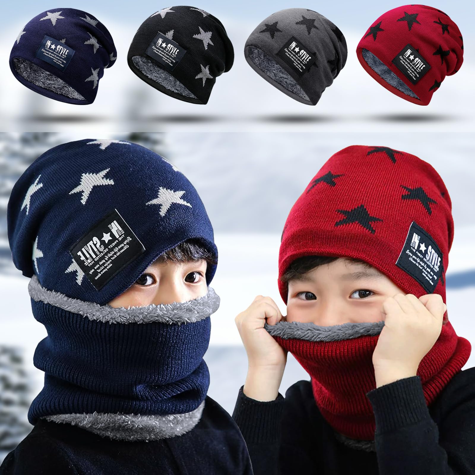 Ensemble Bonnet et Cache Cou, Tour de Cou pour Garçon Fille, Bonnet Garçon avec Snood d'hiver, Écharpe à Doublure Polaire pour Enfant (FR/ES, Alpha/lettres, L, gris)