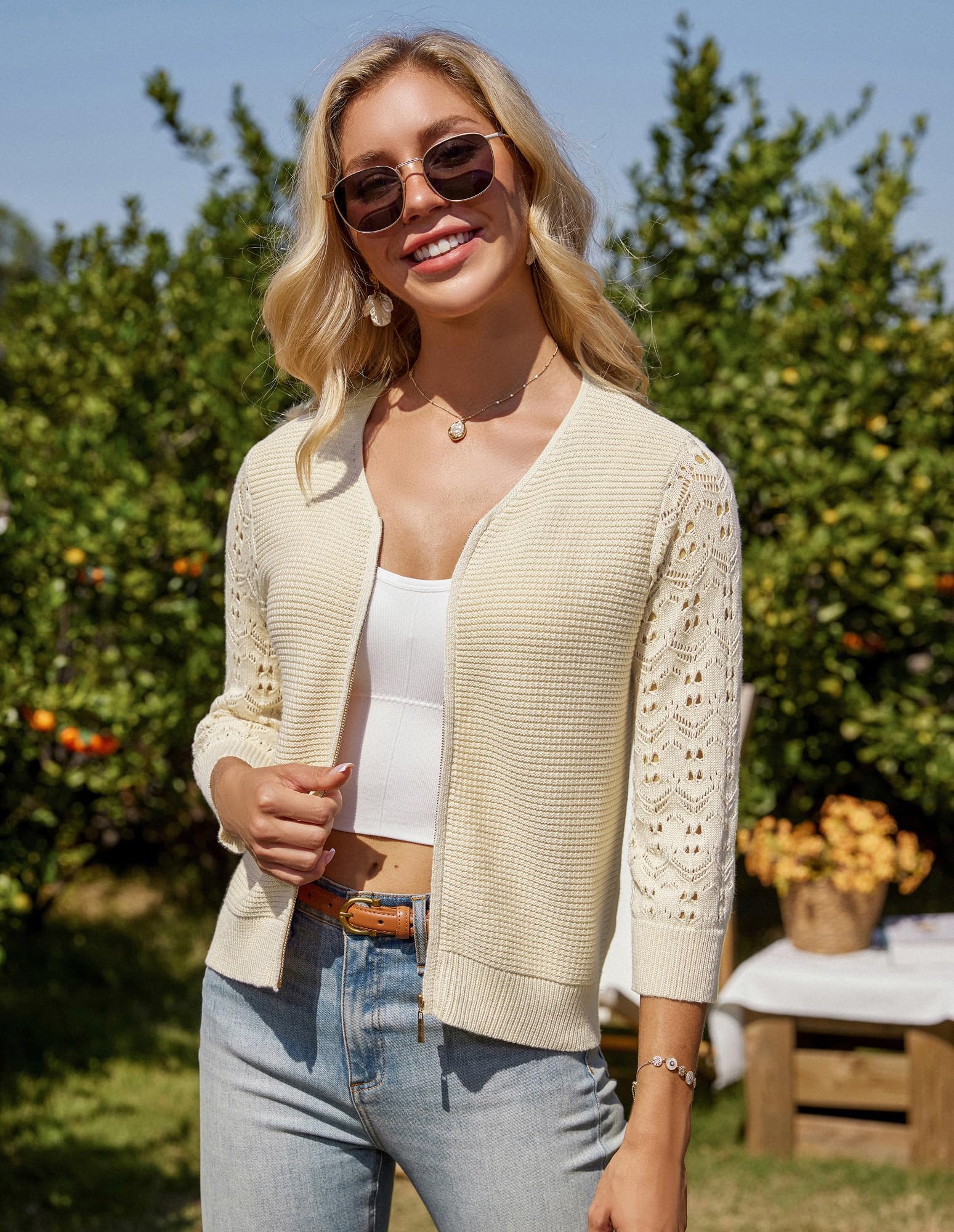 GRACE KARIN Cardigan Corto da Donna con Scollo a Vin Pizzo Patchwork Maniche a 3/4