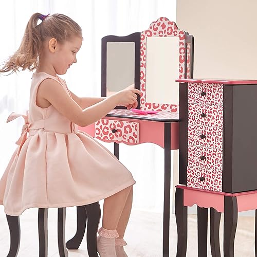 Miniatura 3 de Teamson Kids Gisele - Juego de tocador de madera con estampado de leopardo con mesa y silla de espejo de tres pliegues rosanegro