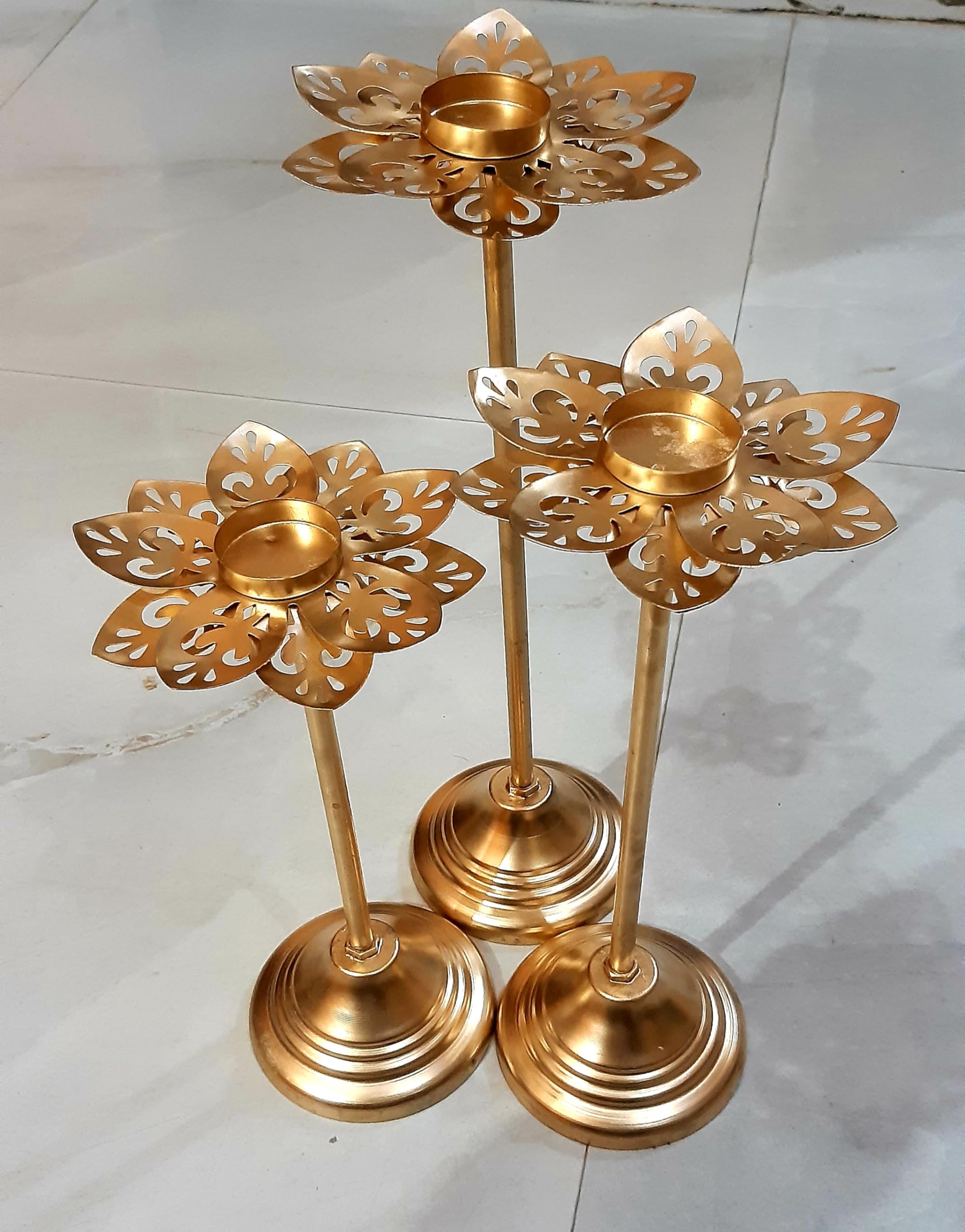 DESIGN MAGNIFIQUE Iron Lotus Tealight Candle Holder Stand Set Of 3 Diwali Home Decor Temple Puja, Gold-image-46