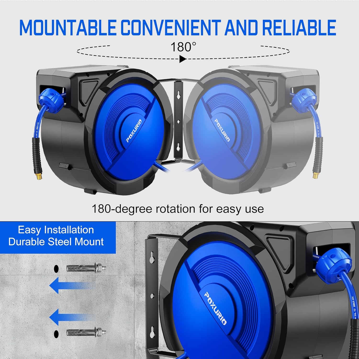 80FT+6.5FT Retractable Air Hose Reel, 3/8" Hybrid Air Hose, Air Compressor Hose Reel with Max 300 PSI Patented Design, Retractable Auto-Rewind Enclosed Heavy Duty 180° Swivel Mount