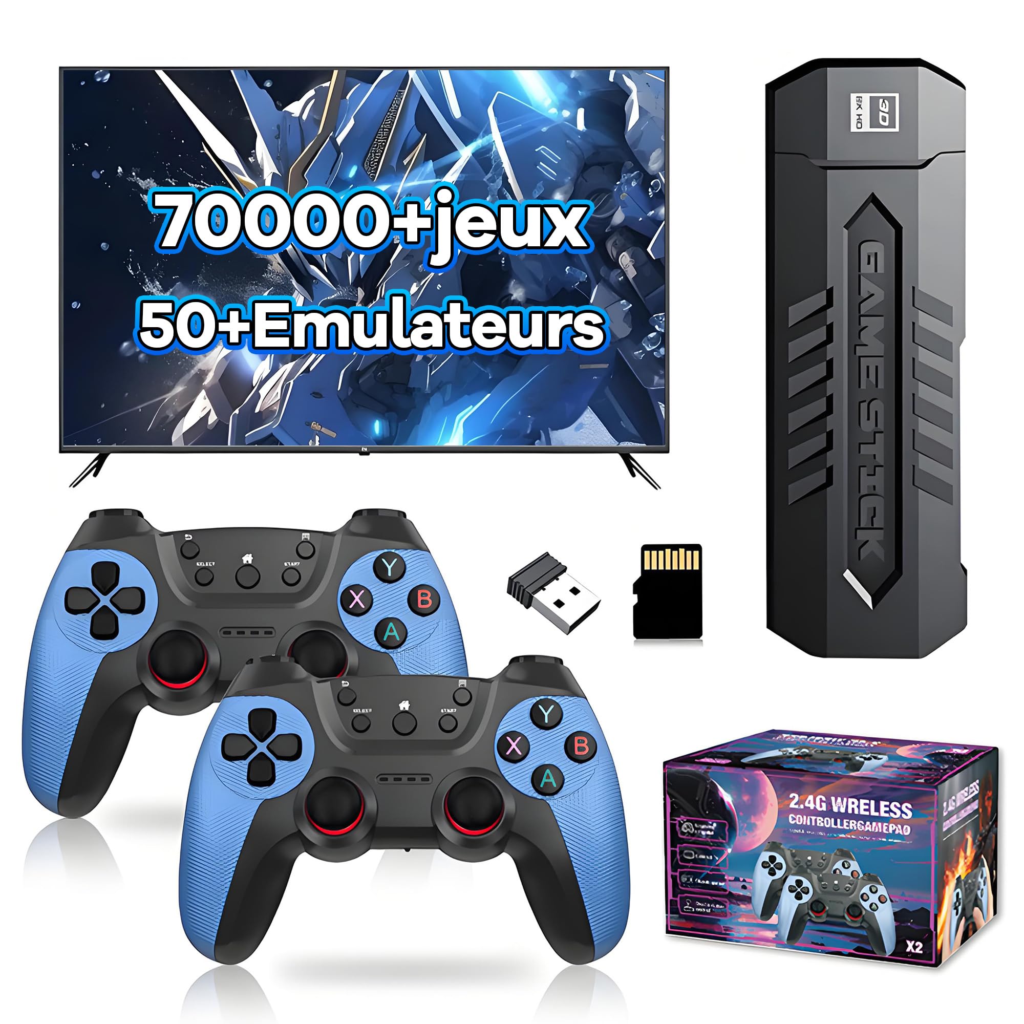 X2 Bleu Console de Jeux Retro 4K, Émulateur pour Console Vidéo, 70 000+ Jeux Rétro Intégrés, 50+ Émulateurs, Clé de Jeu Vidéo Plug and Play pour TV (256Go, Manette sans Fil Rechargeable)