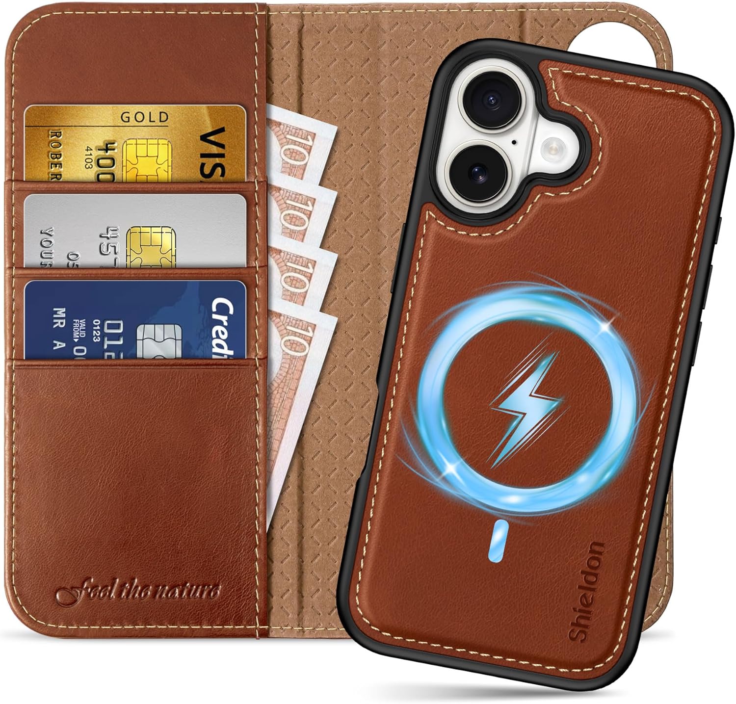 SHIELDON Detachable Genuine Leather Wallet Case for iPhone 17 6.3-inch | 2-in-1 | Wireless Charging | Magnetic Closure | RFID Blocking Credit Card Slot | Kickstand | Full Protection | Retro Brown