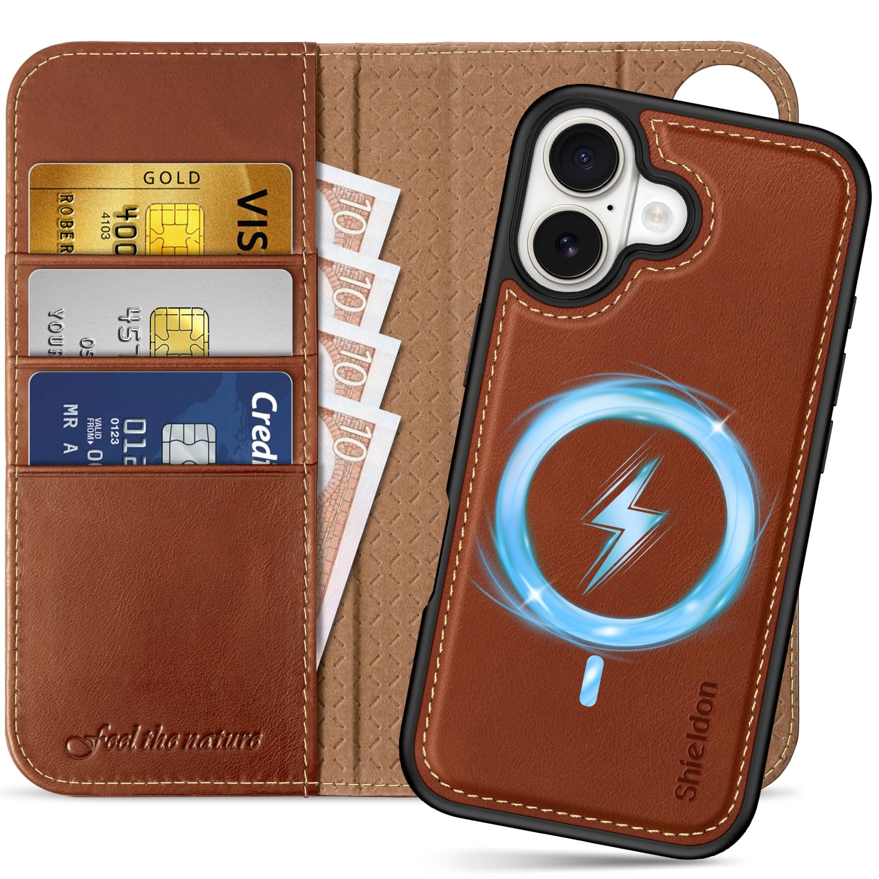 Photo 1 of SHIELDON Detachable Genuine Leather Wallet Case for iPhone 17 6.3-inch | 2-in-1 | Wireless Charging | Magnetic Closure | RFID Blocking Credit Card Slot | Kickstand | Full Protection | Retro Brown