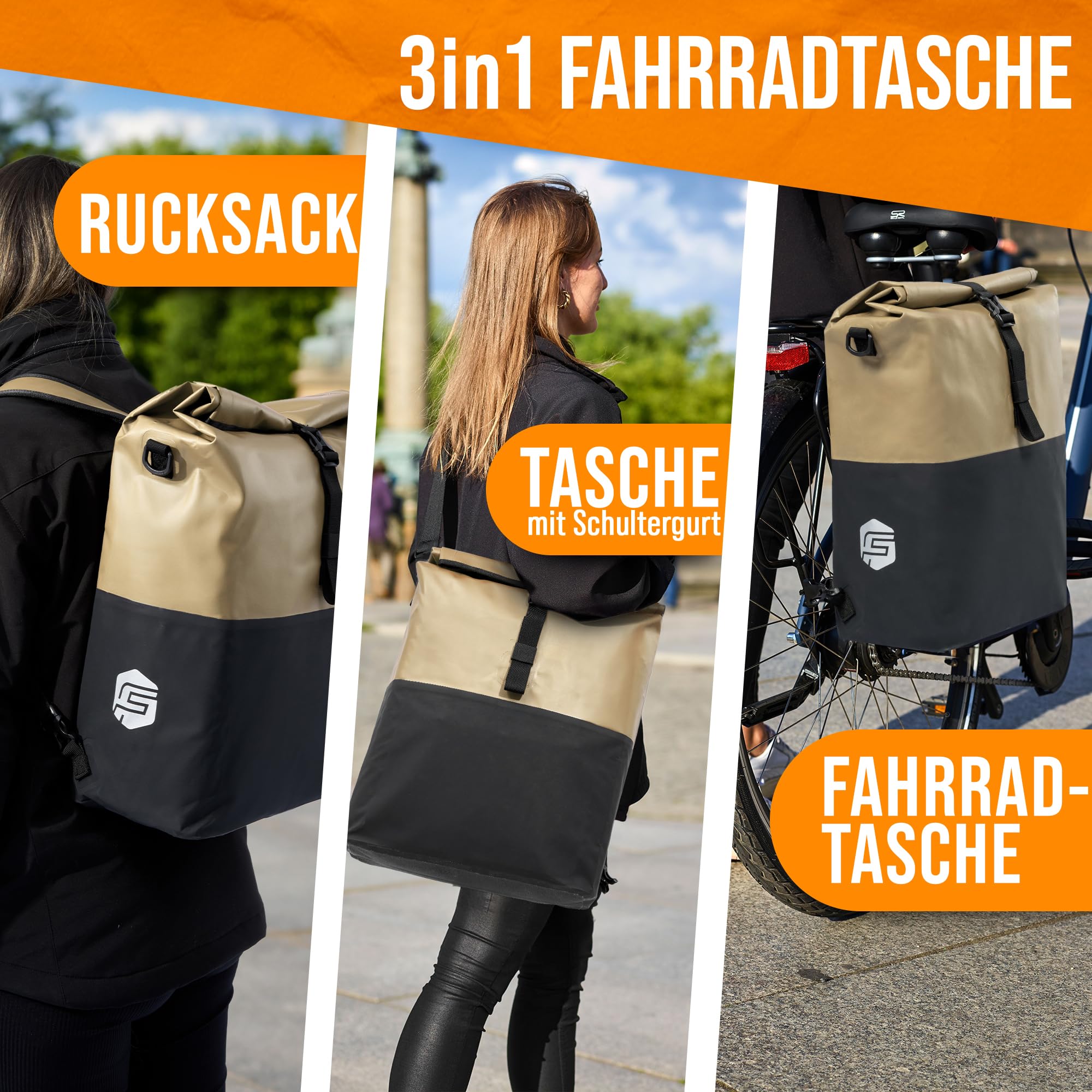 Forrider 3in1 Fahrradtasche für Gepäckträger mit Rucksack Wasserdicht [27L] Gepäckträgertasche Reflektierend I Fahrradtasche Rucksack