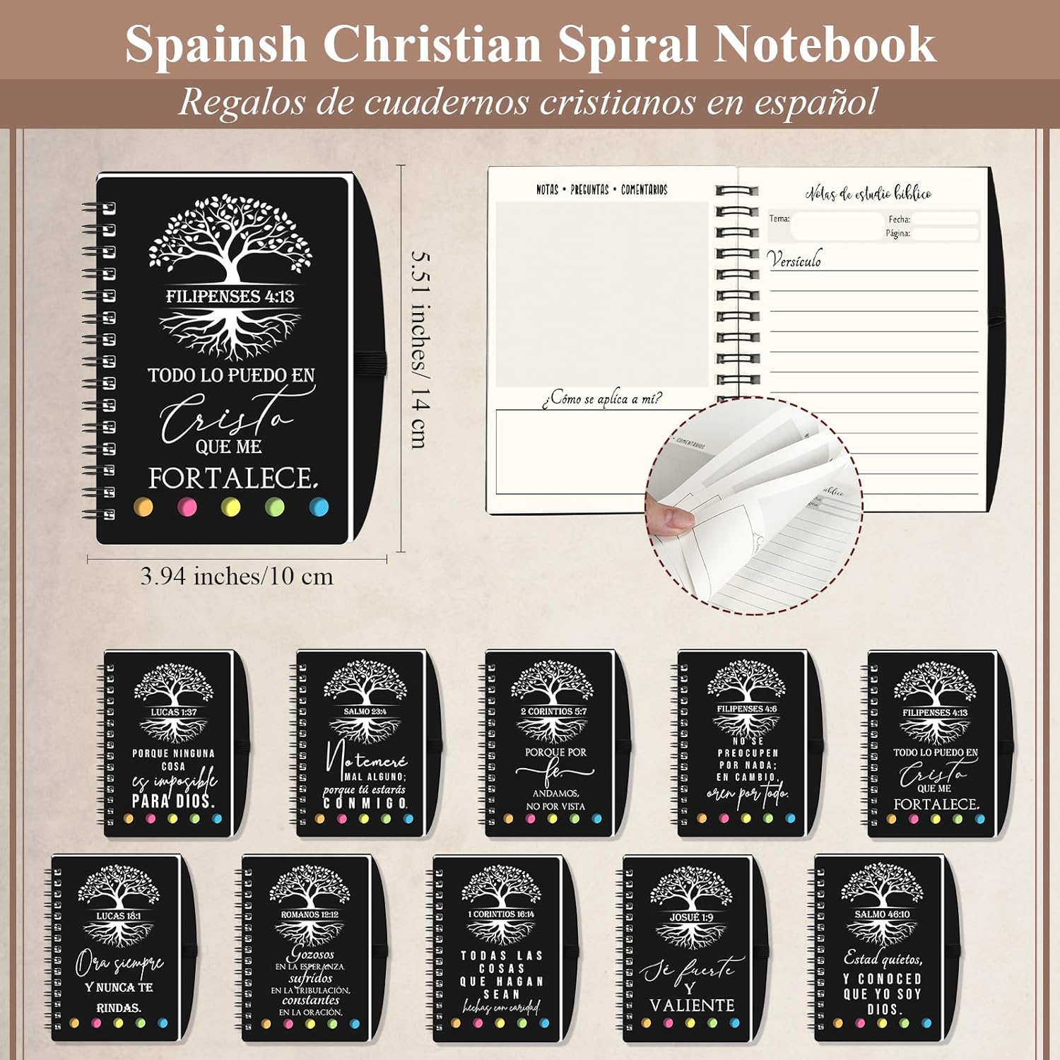 Kosiz 40 Pcs Spanish Christian Gift Bulk Church Spiral Notebook with Sticky Note Ballpoint Pen Tree of Life Bible Verse Prayer Journal Religious Women Men of God(Black,Special)