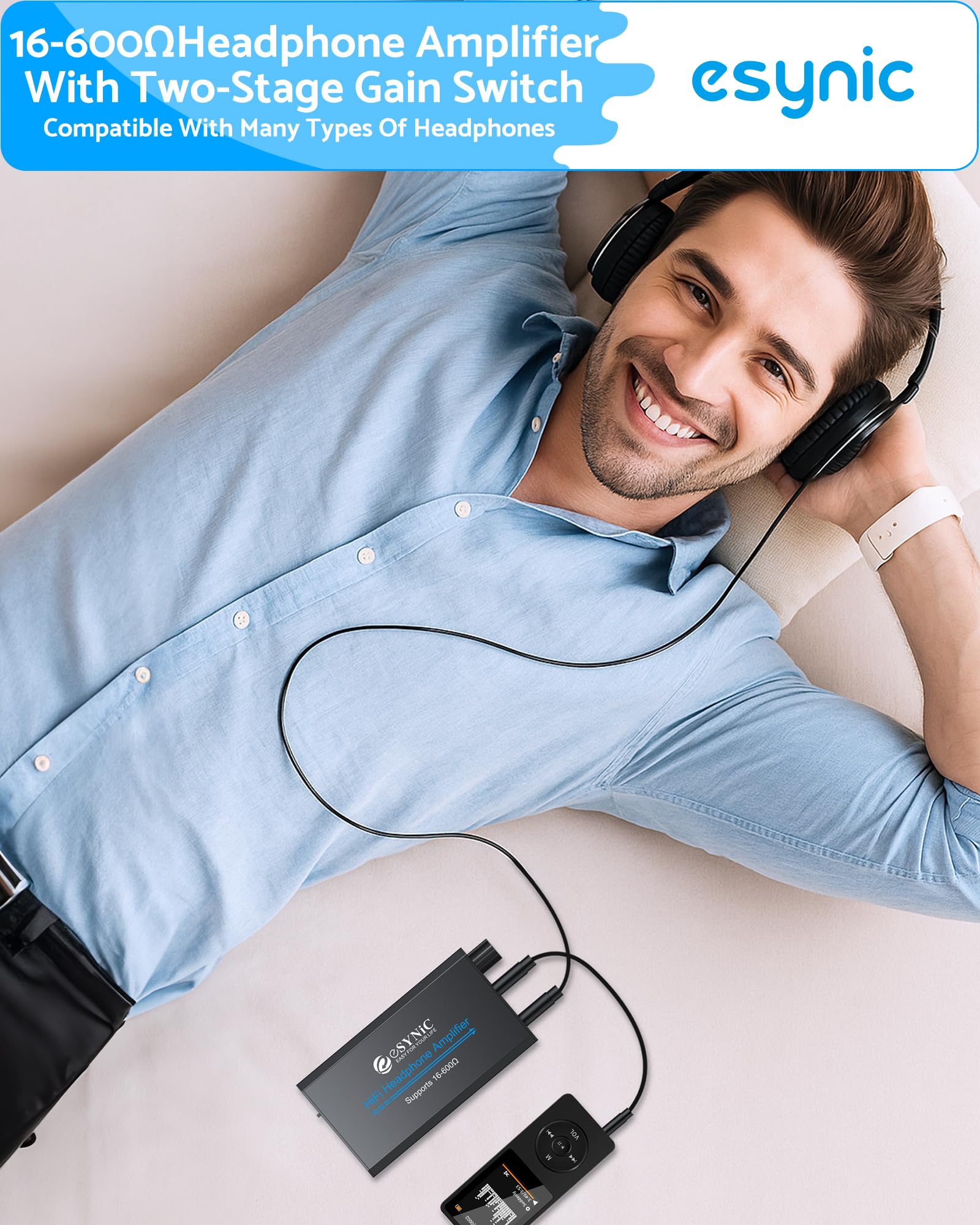 eSynic Portable Headphone Amplifier Audio Rechargeable 16-150, Mini HiFi Earphone Amp 3.5mm with Two-stage Gain Switch and Volume Button for MP3 MP4 Players Smartphone Computers