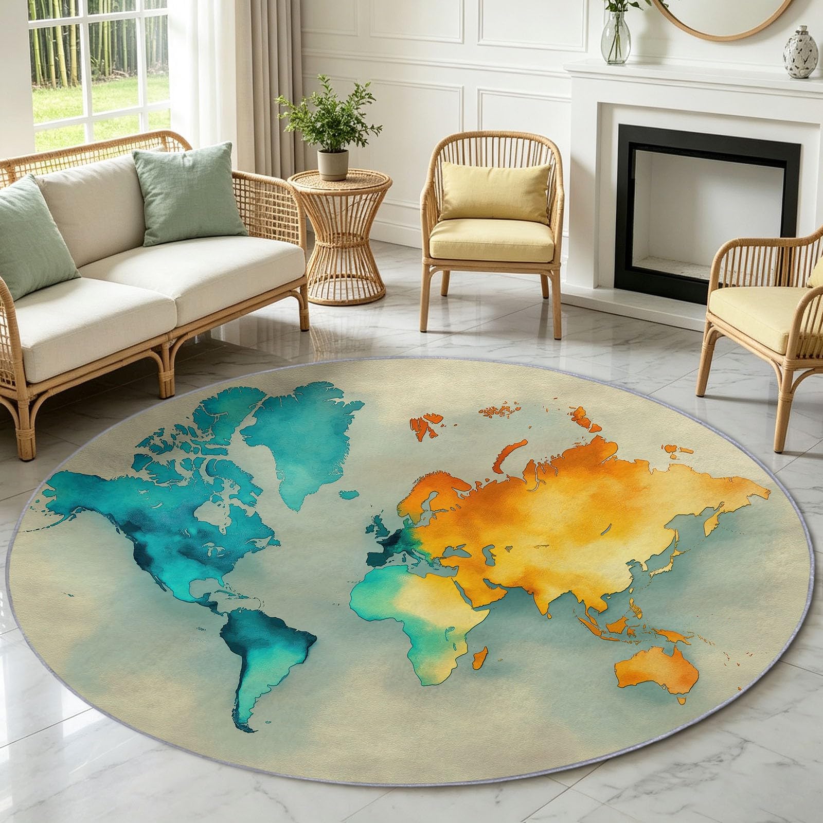 Runder Teppich 180 cm, Weltkarte Atlas Erdkugel Globus Weich Rutschfest Kurzflor Wohnzimmer Schlafzimmer Matte | Waschbar Kunstwolle Küchenteppich, Modern Teppich für Kinderzimmer Esszimmer Büro